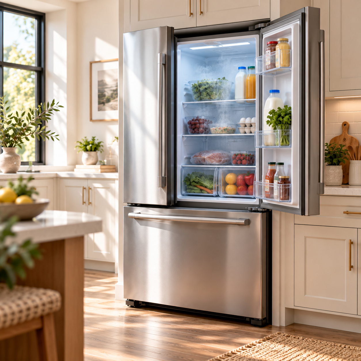 Open stainless steel refrigerator in a bright kitchen