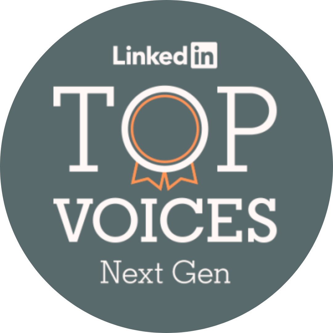 LinkedIn logo with the words "TOP VOICES" and "Next Gen" on a dark background, featuring a ribbon badge.