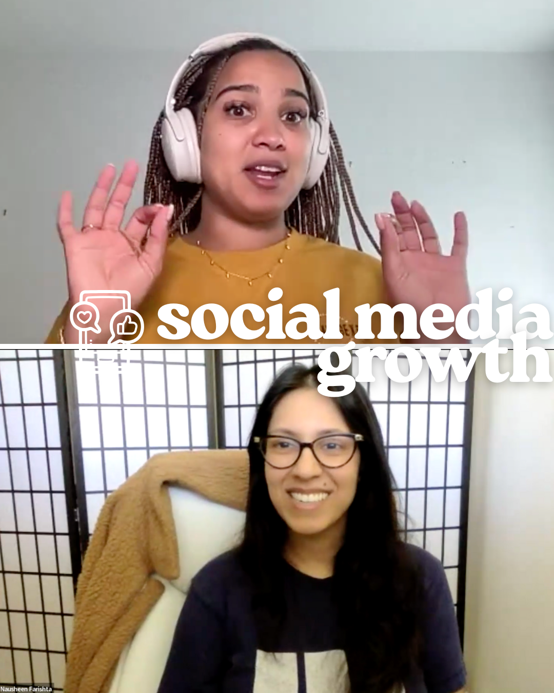 Two women engaged in a video call, one wearing headphones and the other with glasses, with text overlay 'social media growth.'