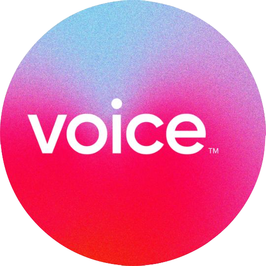 Colorful circular logo with a gradient from blue to pink and the word "voice" in white lowercase letters