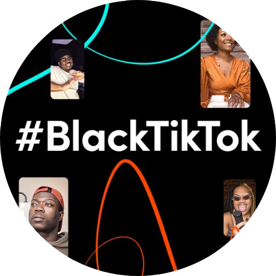 Circular design featuring four photographs of smiling Black individuals and the hashtag #BlackTikTok in the center.