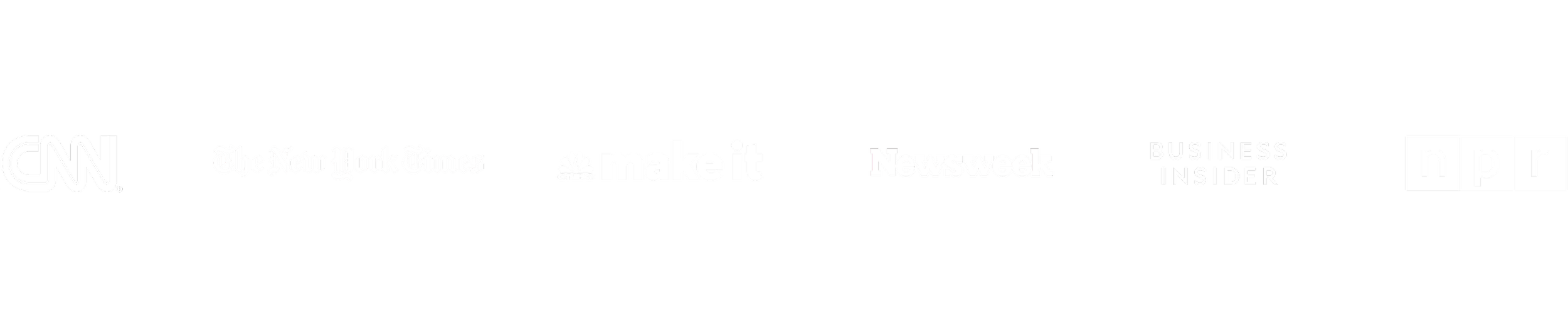Logos of CNN, The New York Times, CNBC make it, Newsweek, Business Insider, and NPR displayed on a black background.