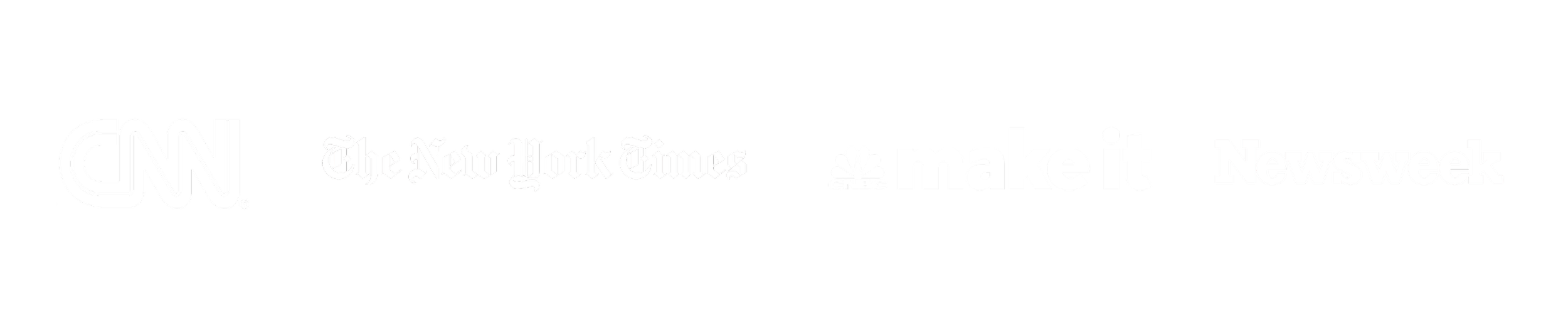 Logos of CNN, The New York Times, CNBC Make It, and Newsweek on a black background.