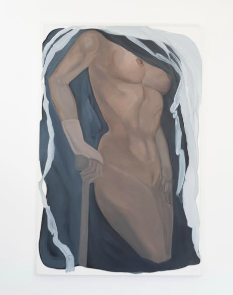 Jade Mikell, a painter and artist in Victoria, BC. A painting of a partially clothed woman with a muscular physique, holding a sword, with draped fabric around her and a white background.