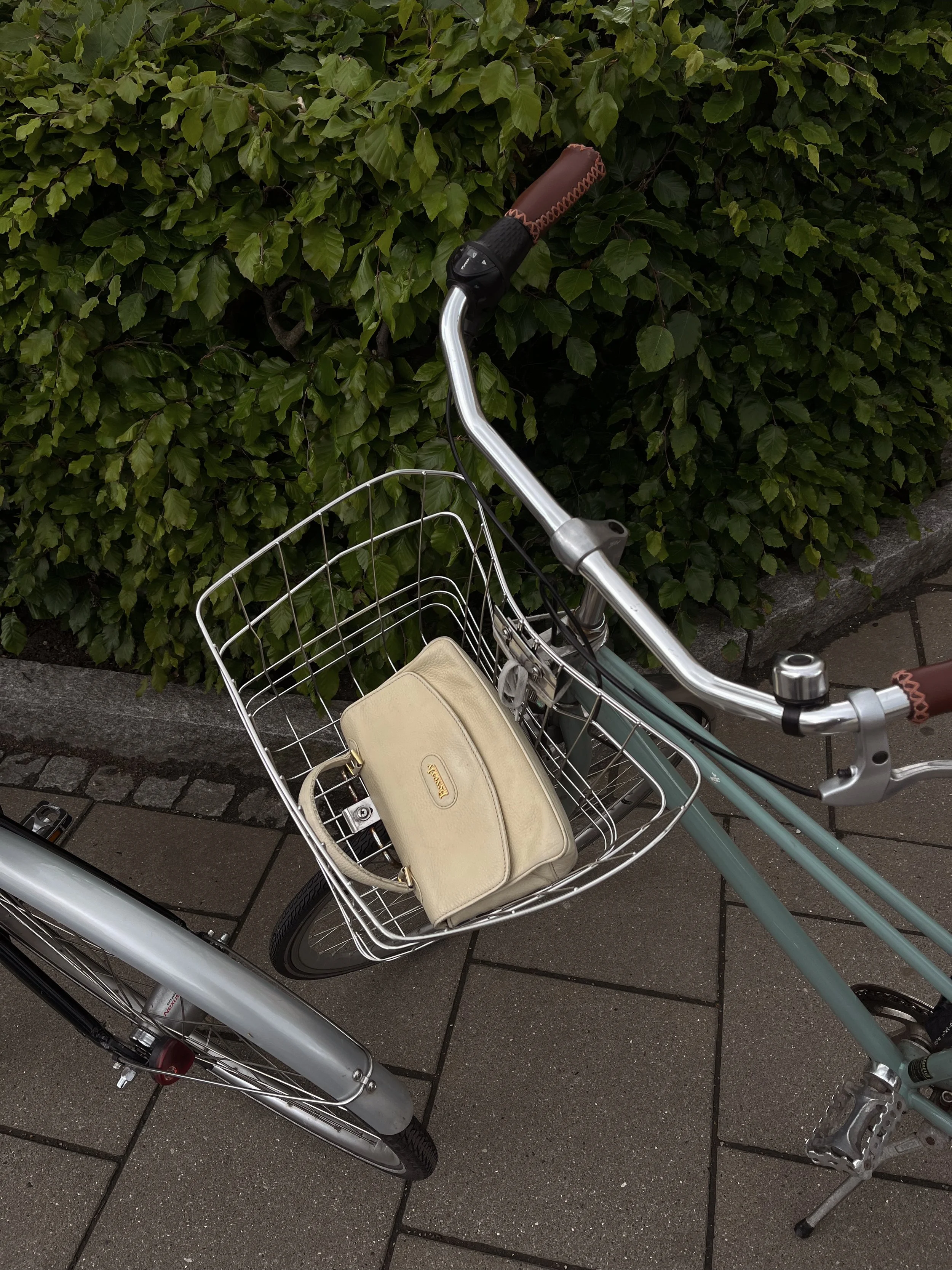 Top view of a bicycle with a wire basket attached to the front, containing a beige purse, parked on a sidewalk in front of a green leafy hedge.