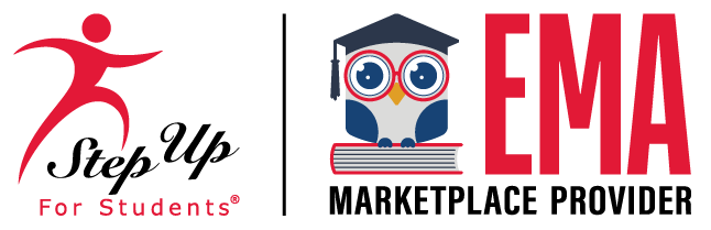 Logo for Step Up for Students on the left, featuring a stylized red figure running, and an EMA Marketplace Provider logo on the right with an owl wearing glasses and a graduation cap, holding a book.