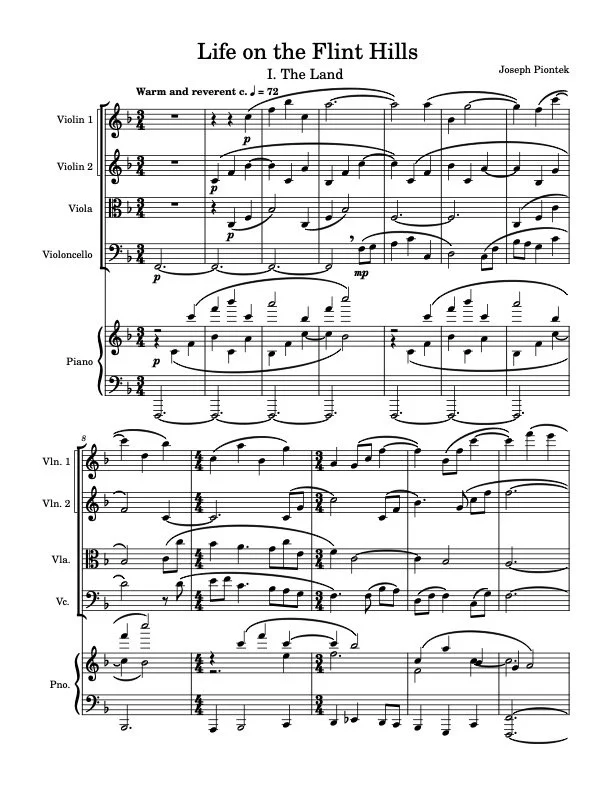 Sheet music titled 'Life on the Flint Hills' by Joseph Piontek, featuring parts for violins, viola, violoncello, piano, with musical notation and tempo marking of 72 beats per minute.