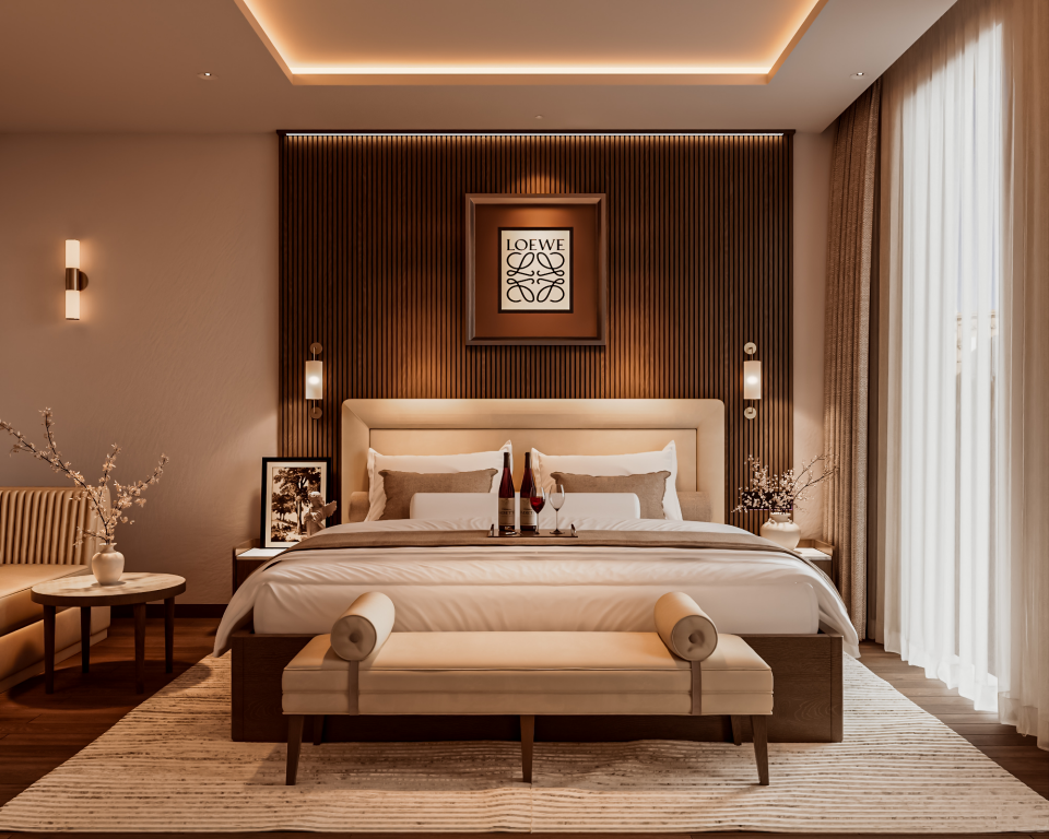 BayGi Bai Khem guest room design concept with warm wood finishes and contemporary lighting
