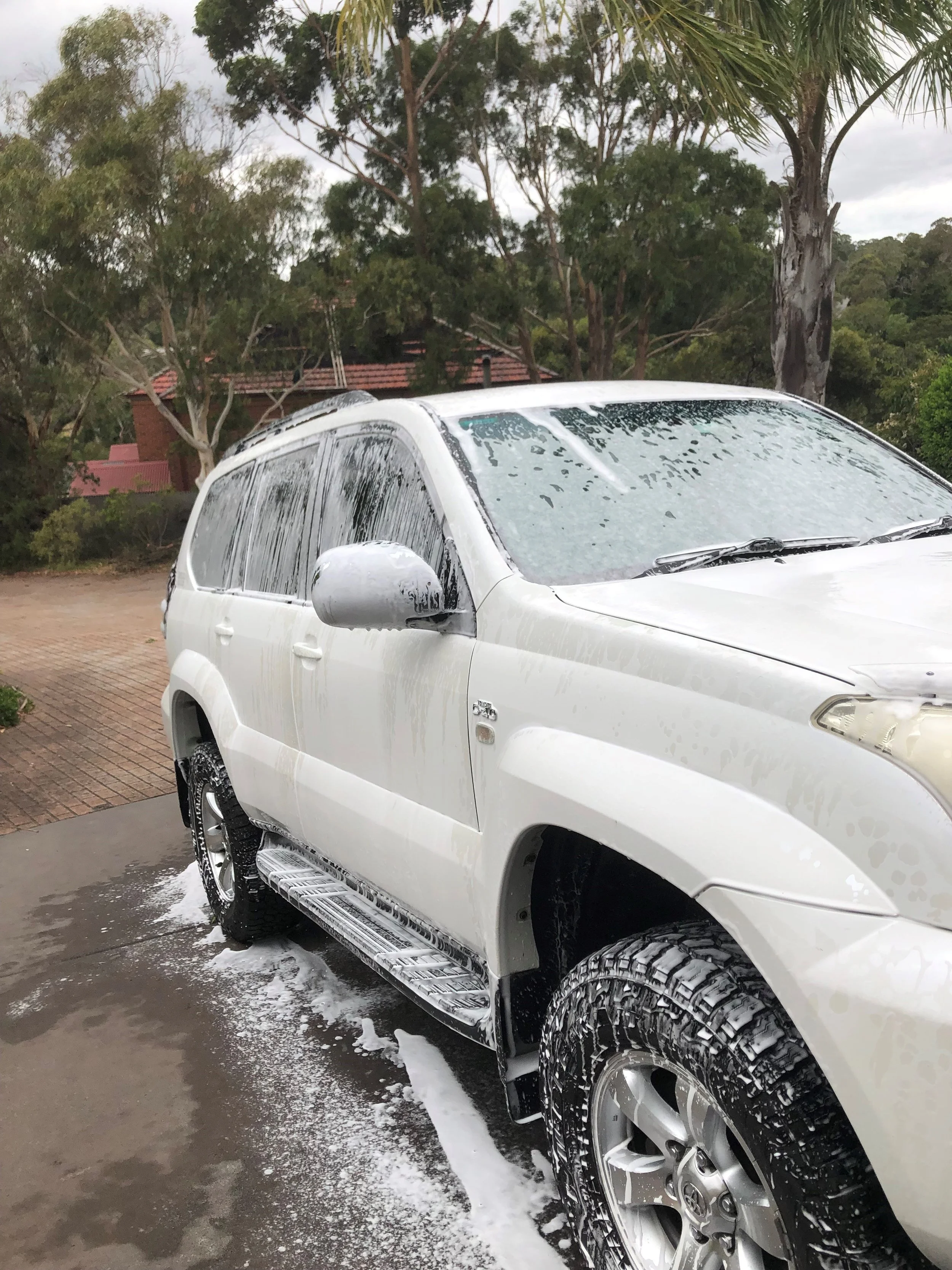White SUV being washed with soap and water, with foam on the windows, roof, and tires, on a driveway with trees and a house in the background.