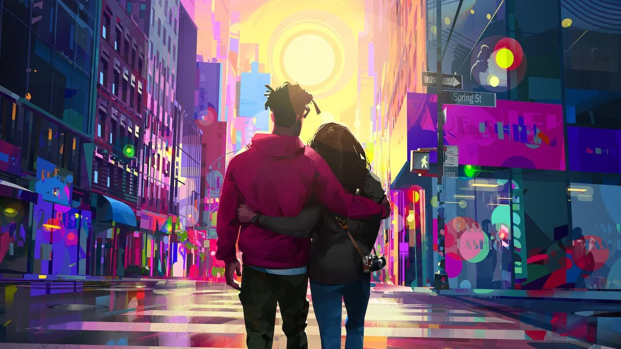 Cena do filme Entergalactic. Na ilustração temos a imagem de um casal se abraçando, apenas da pra ver eles por trás. Eles estão no centro de uma cidade, com vários prédios, outdoors e diferentes iluminações.