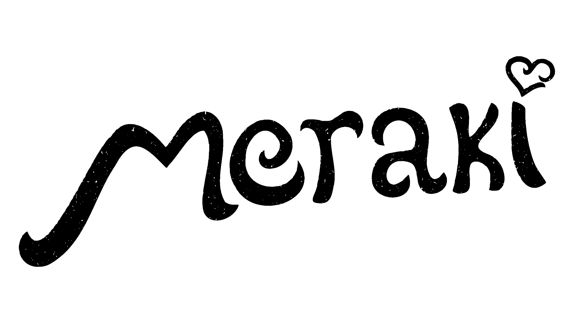 Logotipo do site escrito "MERAKI" em letra cursiva. Com a ilustração de um coração na "ponta" do i.