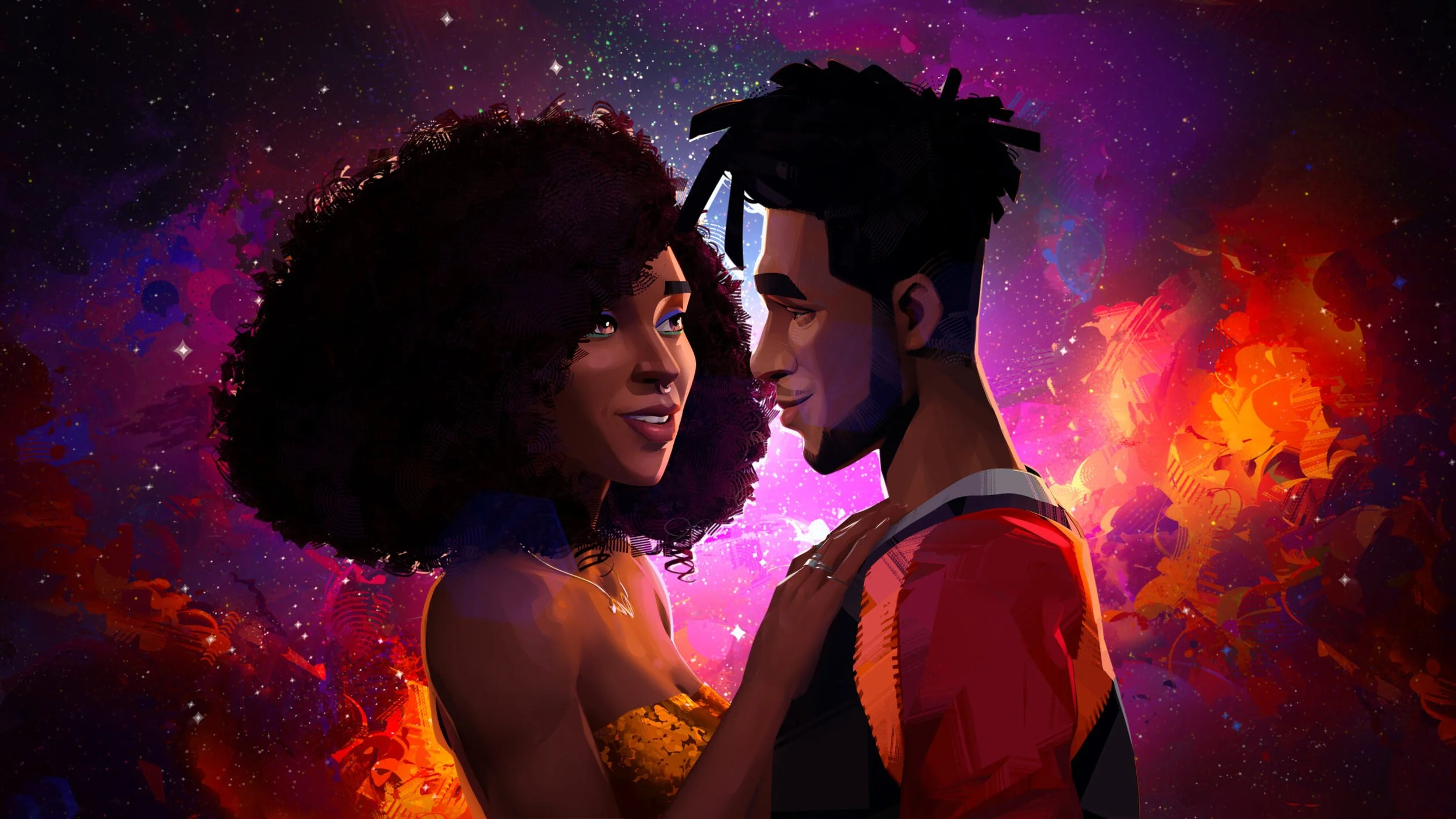 Cena do filme Entergalactic. Na ilustração temos a imagem de Meadow, uma mulher negra, de cabelo cacheado. Ela está abraçada com Jabari, um homem negro, de cabelo crespo. No fundo temos a imagem de uma galáxia.