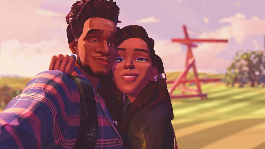 Cena do filme Entergalactic. Na ilustração temos a imagem de Meadow, uma mulher negra, com o cabelo dredado. Ela está abraçada com Jabari, um homem negro, de cabelo crespo. No fundo temos a imagem de um campo, está de dia.