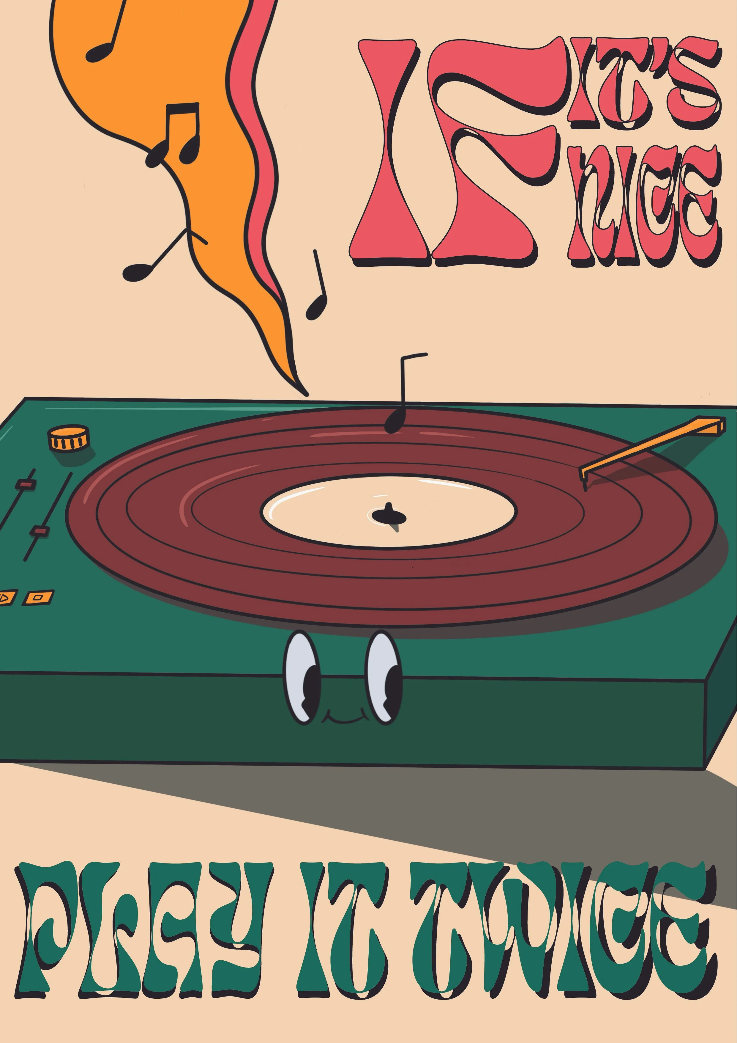 Une illustration d'un tourne-disque anthropomorphe avec des grands yeux et un sourire, émettant de la musique avec des notes flottantes, avec des textes en style psychédélique disant "Play it Twice" .