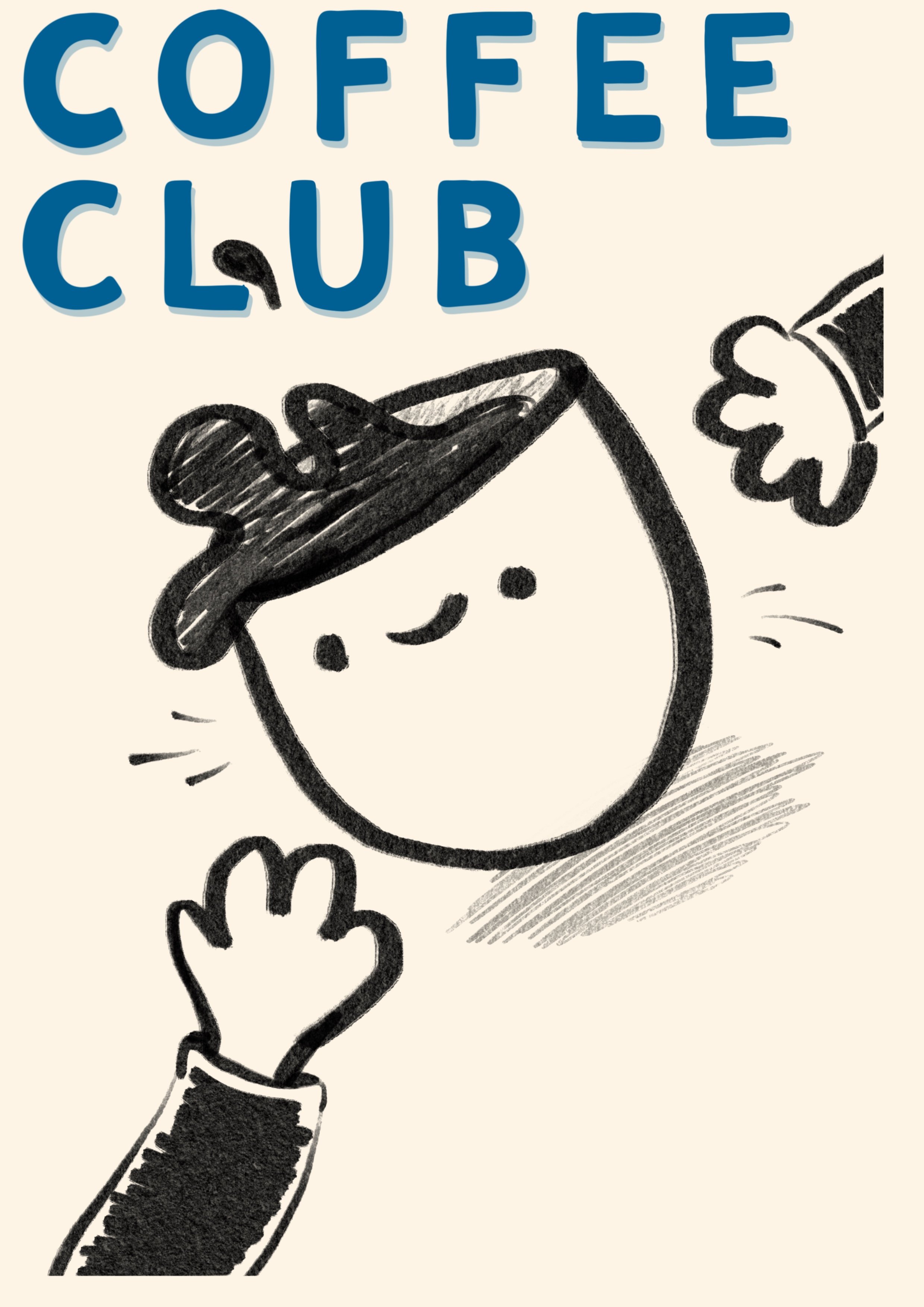 Illustration en noir et blanc d'une tasse renversant du café et une main en train de la tenir, avec le texte « Coffee Club » en haut en lettres bleues.