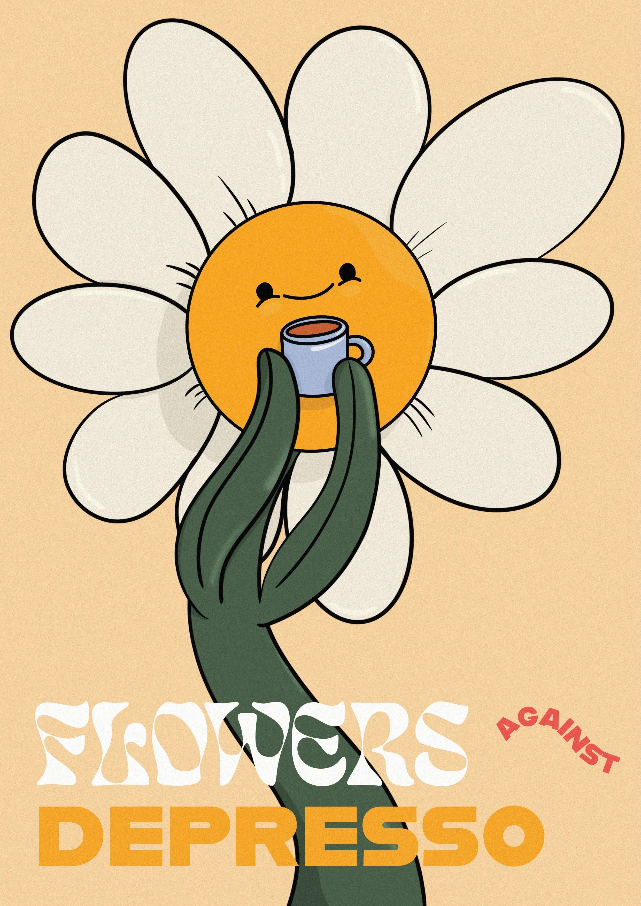 Une illustration d'une fleur avec un visage souriant, tenant une tasse de café, avec le texte 'Flowers Against Depresso'.