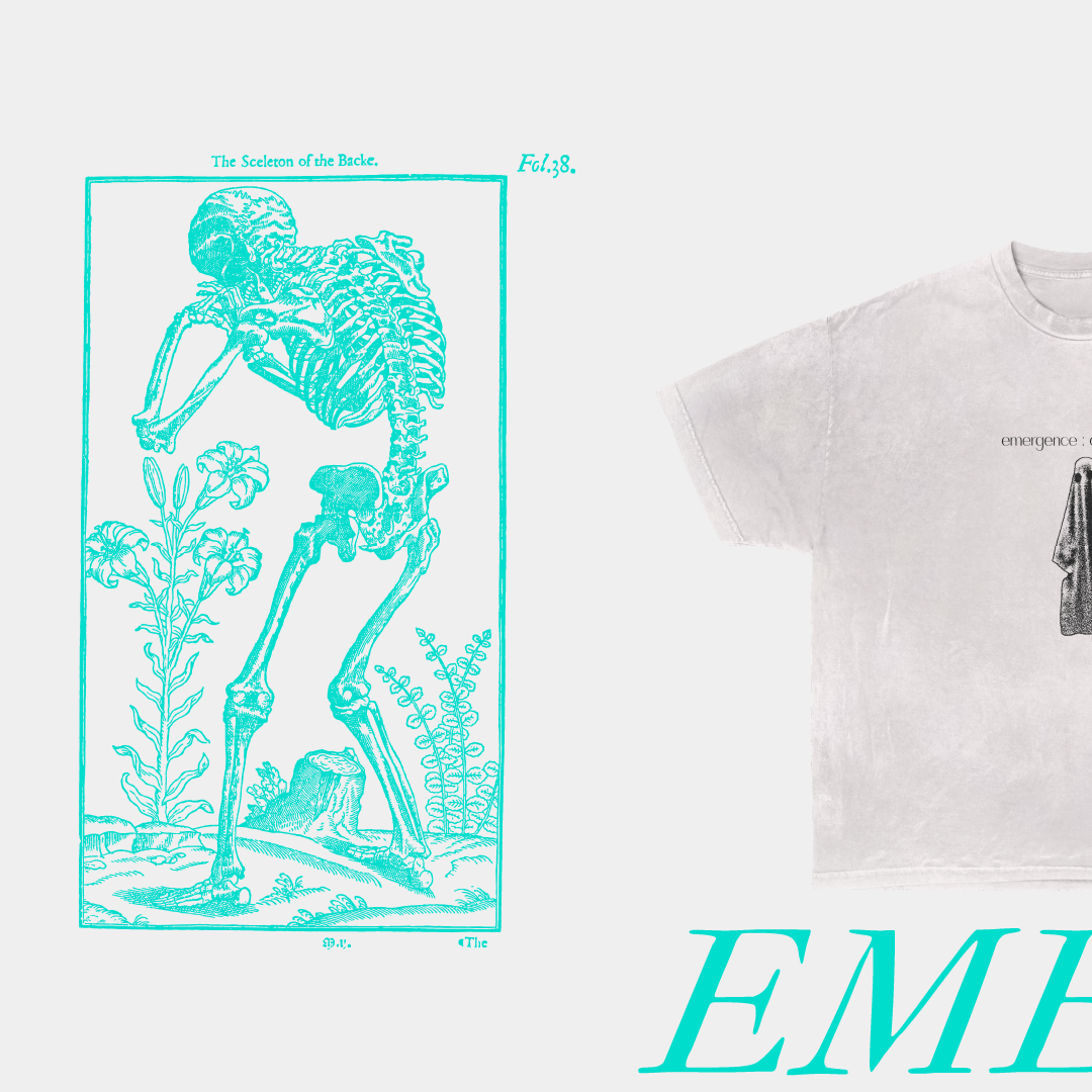 Illustration d'un squelette humain en turquoise avec des plantes autour, style botanique, avec texte en anglais et en français.