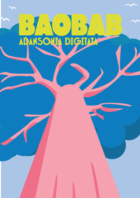 Couverture de livre illustrée avec un arbre rose et des feuillages bleus, titre en jaune "BAOBAB" contre un ciel bleu avec des oiseaux blancs