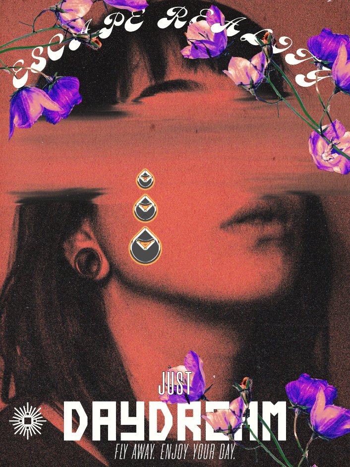 Collage artistique avec une image d'un visage féminin, des fleurs violettes, et du texte en anglais et en français. Le texte inclut 'Just Daydream' et 'Fly away, Enjoy your day'.