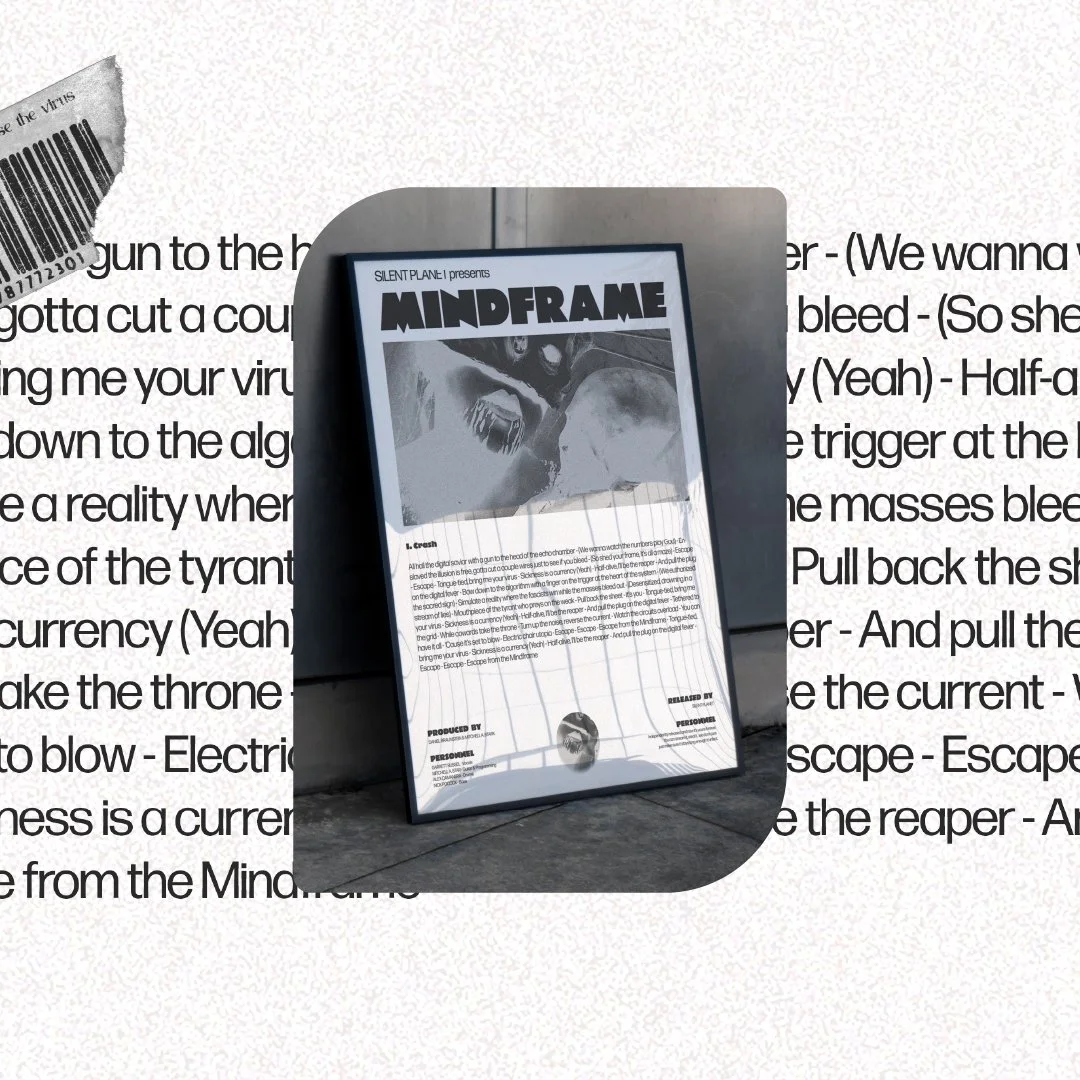Affiche de concert avec le titre 'MINDFRAME' et un dessin en noir et blanc