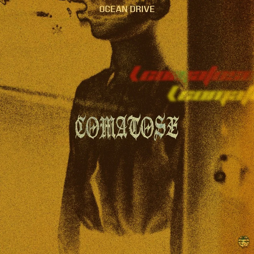 Une image avec une silhouette d'une personne de profil, un fond jaune/orangé, avec du texte en anglais 'OCEAN DRIVE' en haut, et en français 'TOURIST' avec des couleurs rouge, vert et jaune. Le mot 'COHATOS' écrit en style gothique est placé au centr