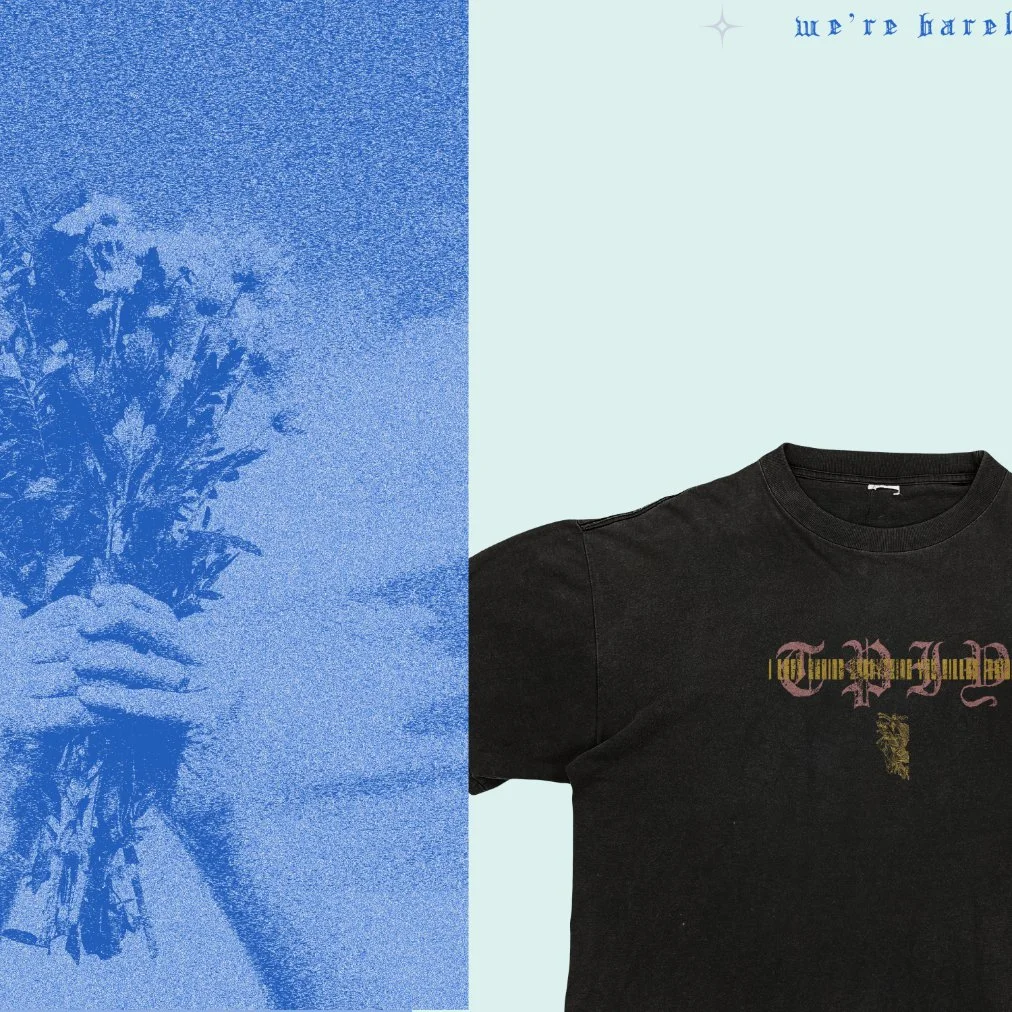 Une image divisée en deux parties. La gauche montre une illustration en bleu d'une main tenant un bouquet de fleurs. La droite montre un t-shirt noir avec un design coloré imprimé sur la poitrine. Inspiré par le groupe The Plot in You.
