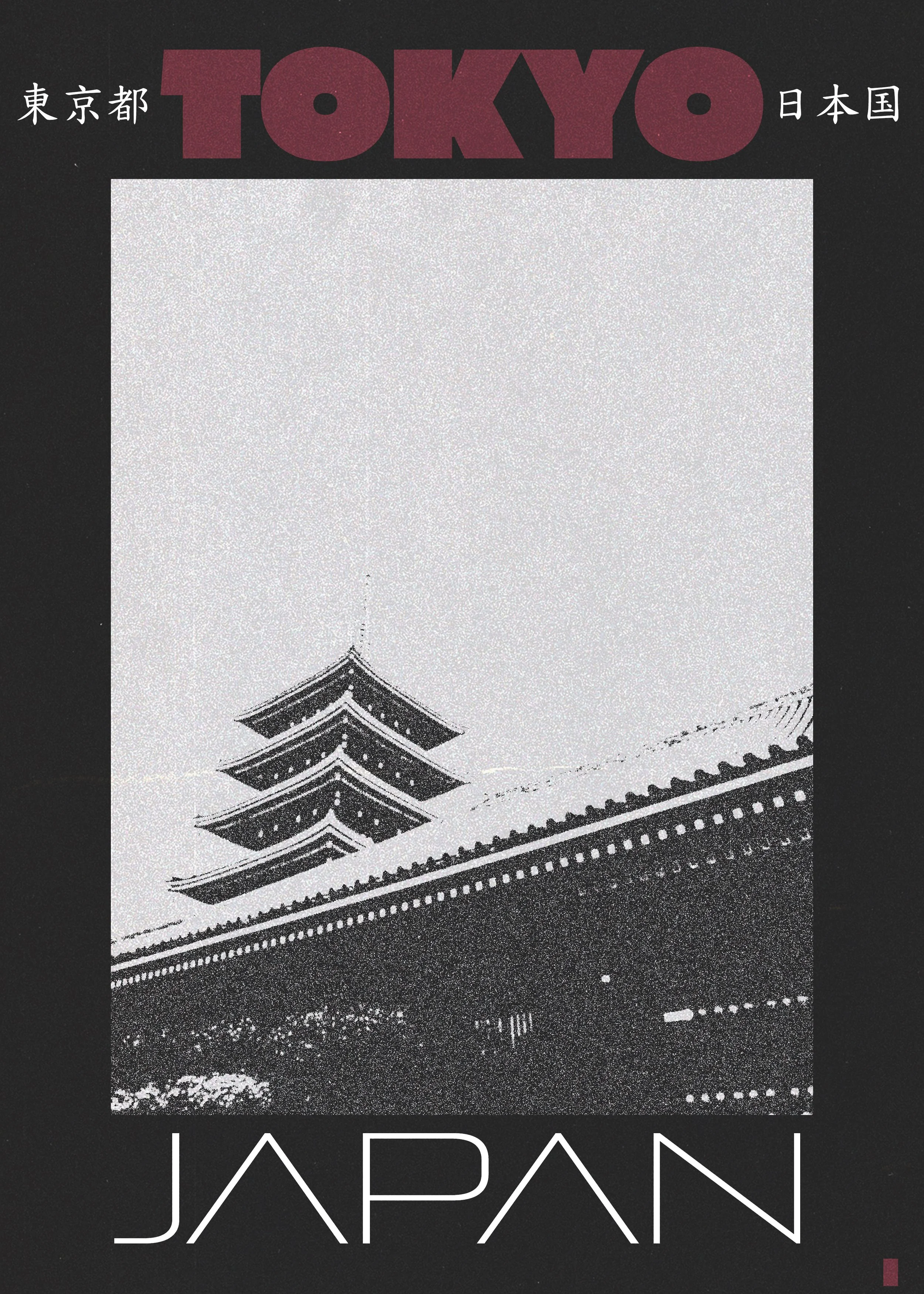 Une affiche en noir et blanc présentant une pagode traditionnelle japonaise avec un ciel clair en arrière-plan, entourée d'une structure de bâtiment aux toits caractéristiques. En haut, le mot 'TOKYO' en lettres volumineuses rouge foncé, avec des car