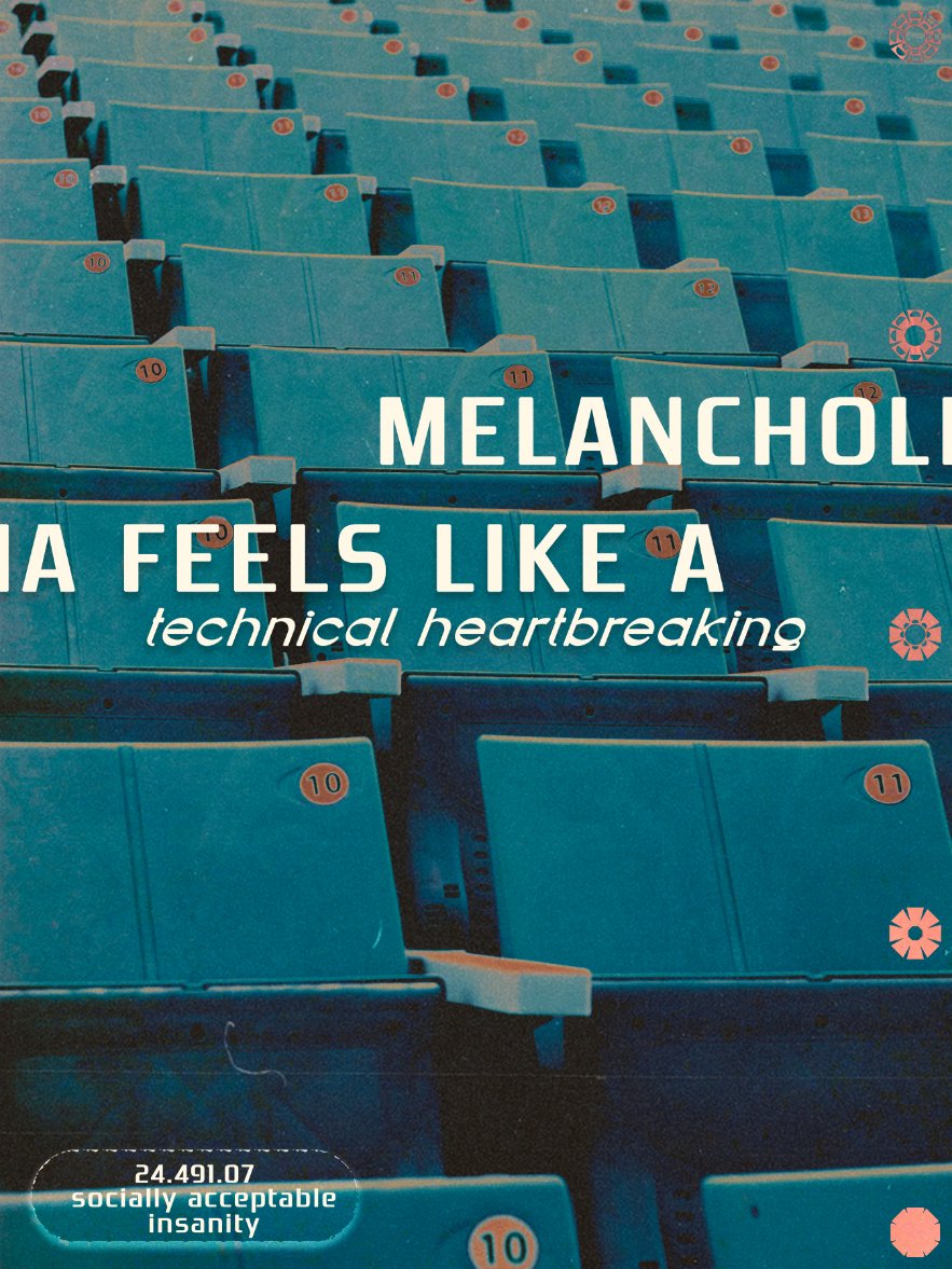 Des sièges bleus dans un stade, avec des numéros dans des circles orange. Le texte indique que l 'artiste mélancolique 'JIA' ressent comme une panne technique, en lien avec la folie acceptable dans la société. Texte en bas: 24.491.07, folie socialeme