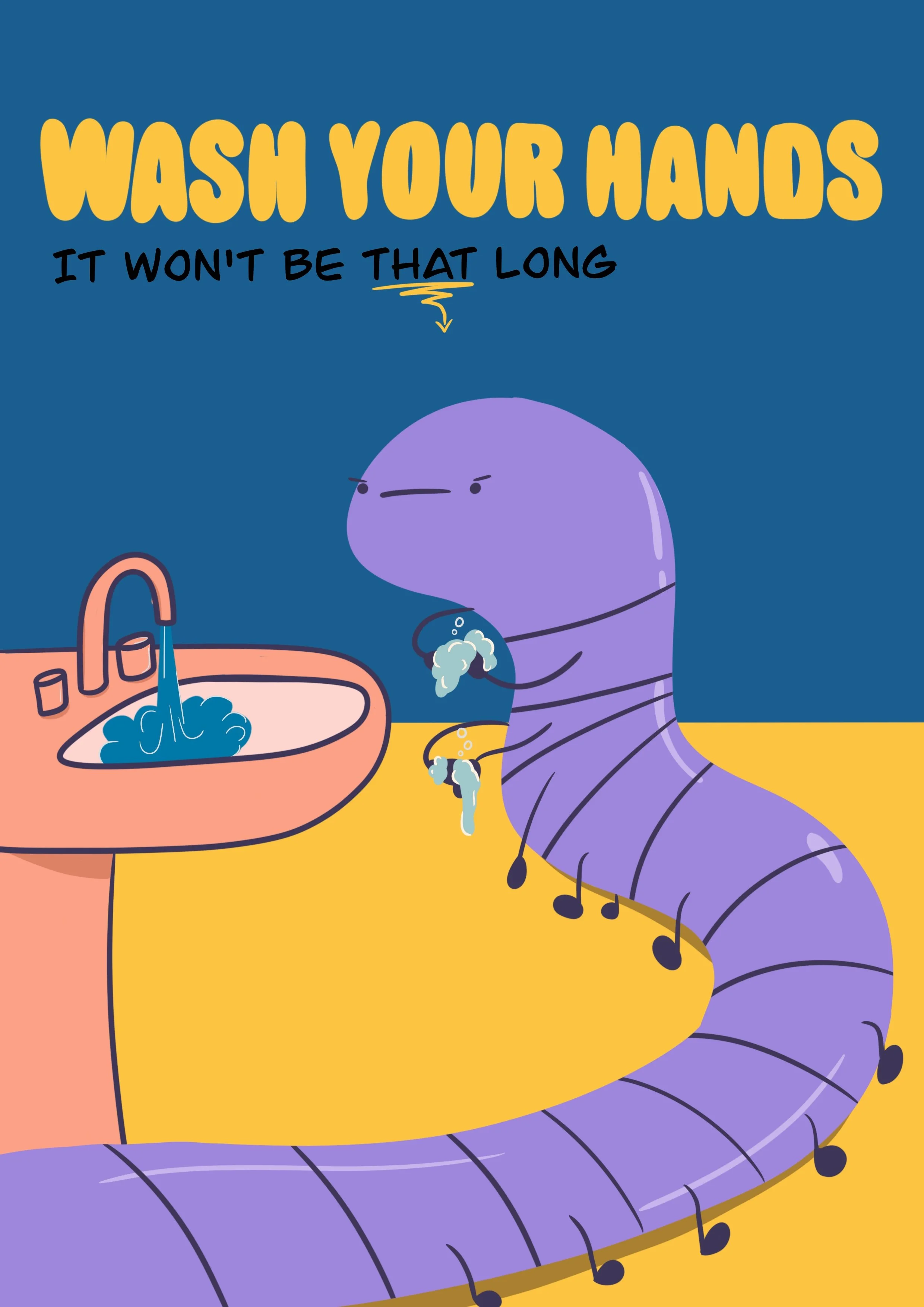 Une illustration d'une chenille violette se lavant les mains devant un lavabo avec de l'eau courante. Le texte en haut dit 'Lavez-vous les mains' et en dessous 'Ça ne durera pas si longtemps'.