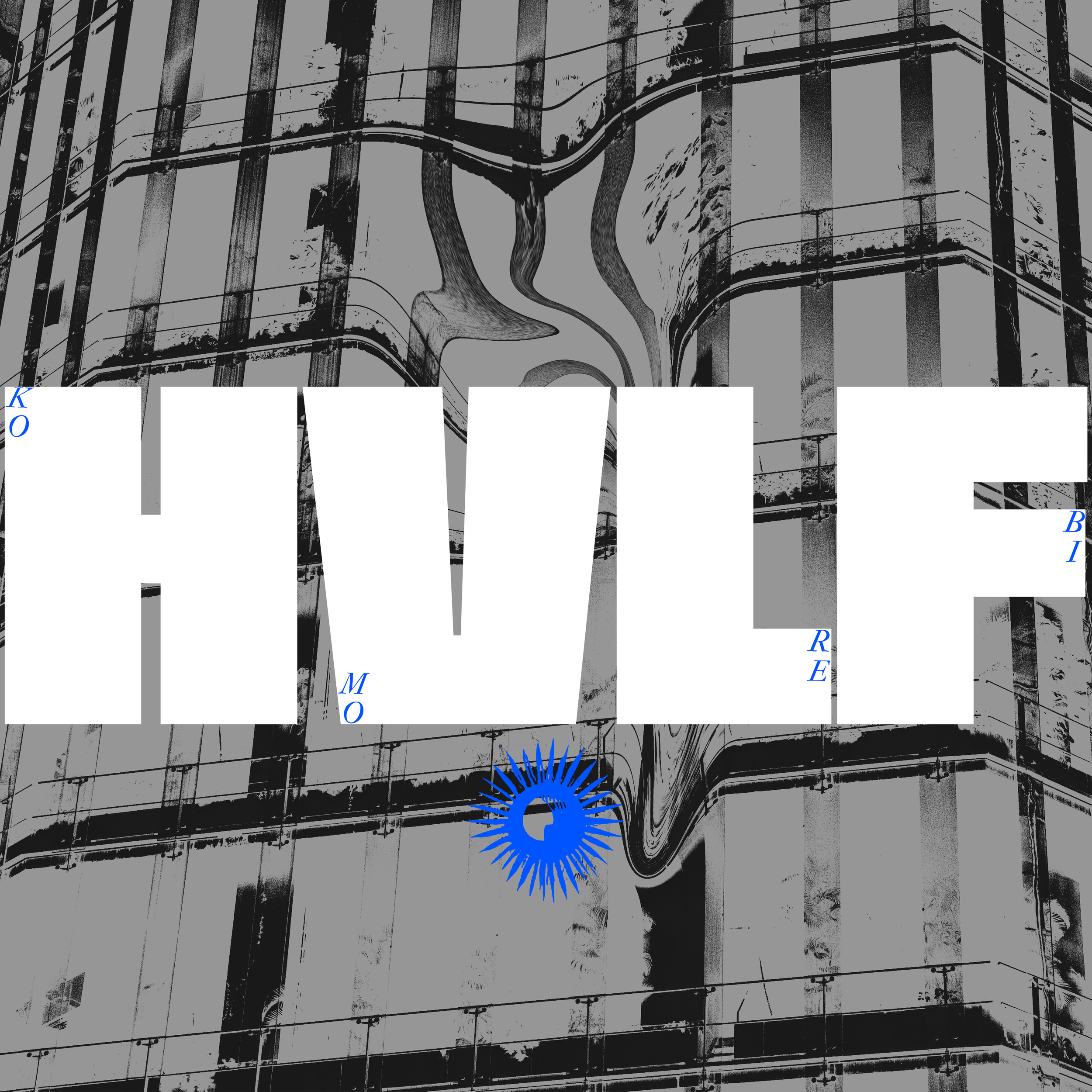 Pochette de single avec un gratte-ciel moderne avec façade en verre et structure en acier, en noir et blanc, et le texte "HVLF" en gros au centre.
