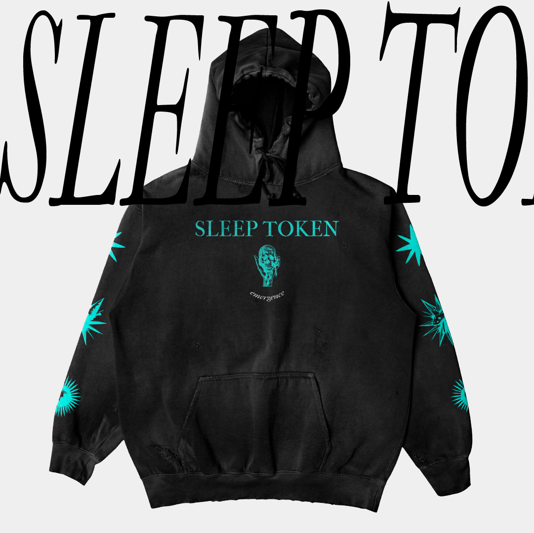 Un sweat à capuche noir avec des dessins en cyan et le texte "Sleep Token" et "emergence"