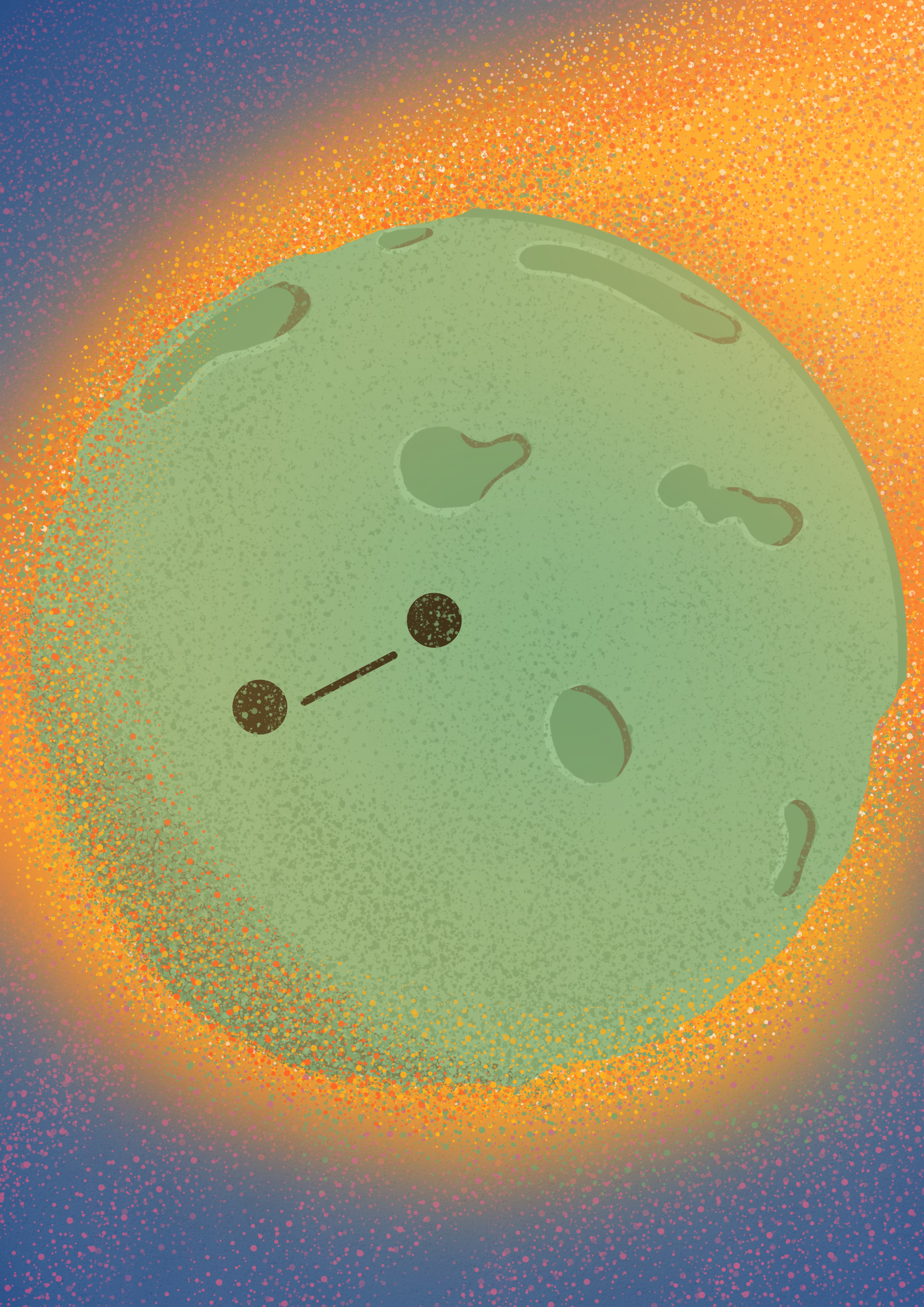 Illustration d'une météorite avec un visage et des traits simples, entourée d'une aura colorée dans l'espace.