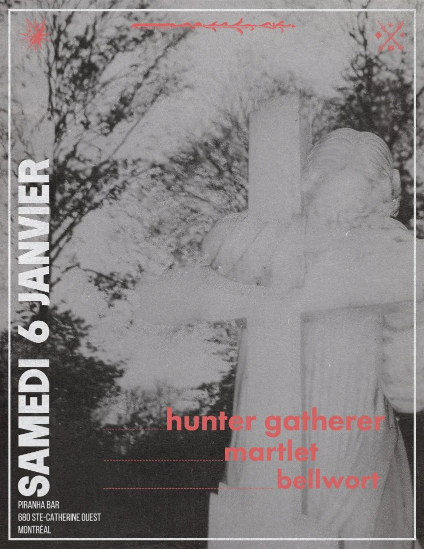 Annonce de spectacle en français pour une soirée le samedi 6 janvier, organisée au Piranha Bar à Montréal. L'affiche comporte une image en noir et blanc d'une statue religieuse avec un fond de arbres.