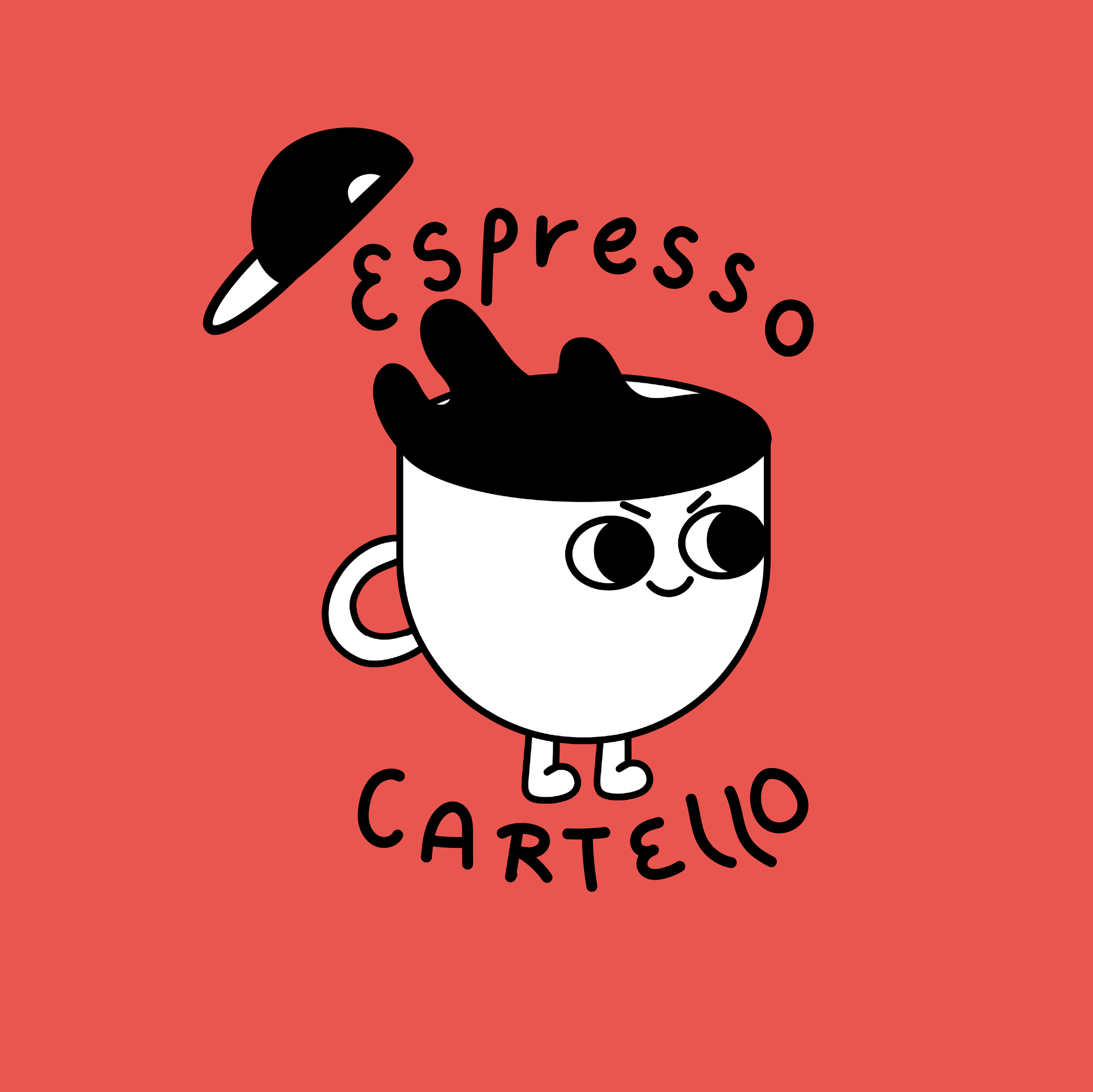 Une illustration de sourire d'une tasse de café avec du café noir dedans, avec un design simple et coloré, incluant le texte "espresso" et "cartello".