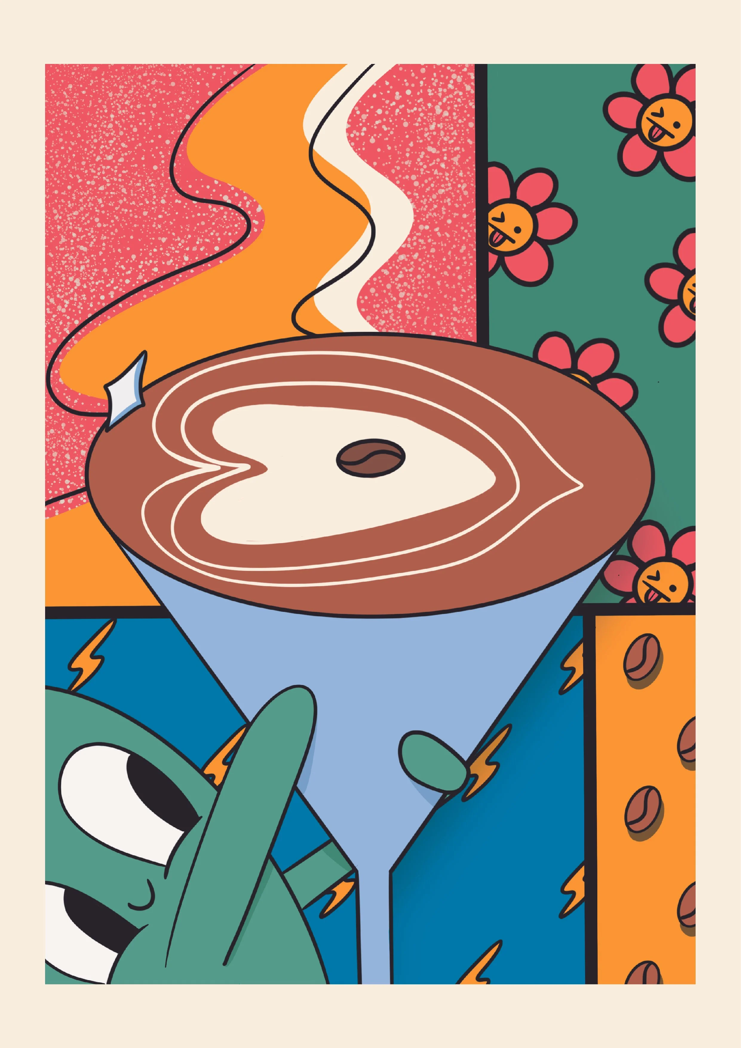 Illustration colorée d'unespresso martini avec de la vapeur et une graine de café, entourée de motifs floraux et de formes géométriques abstraites.