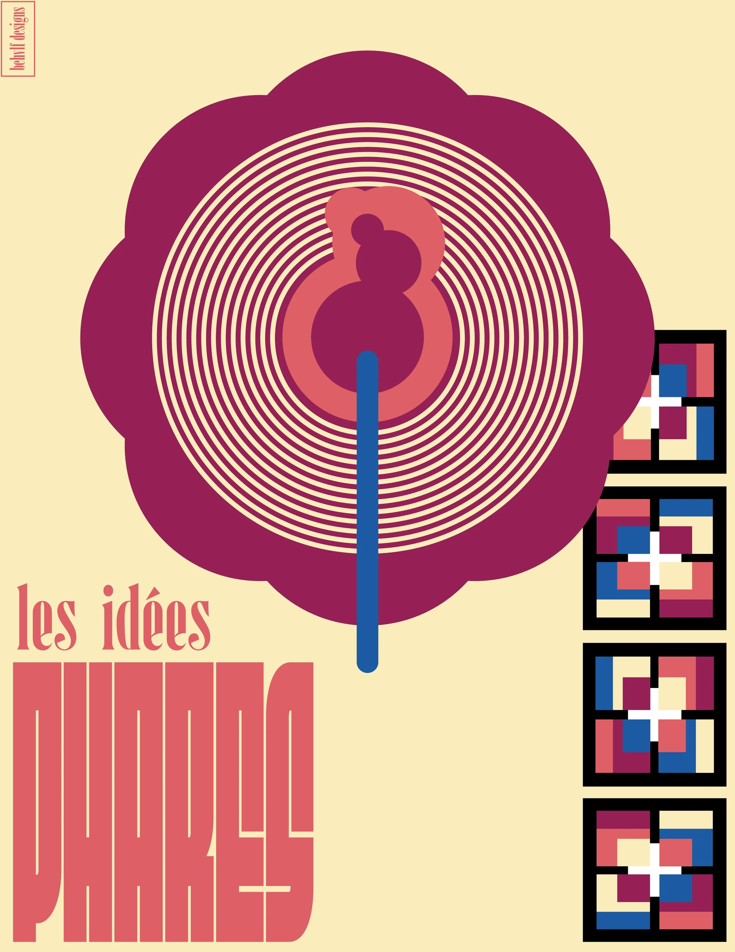 Affiche de style vintage avec un motif floral stylisé en forme de cercle concentrique, des couleurs pourpres, crème, bleues et roses, et le texte en français "les idées phares" en bas à gauche, et un motif géométrique en carré sur le côté droit.