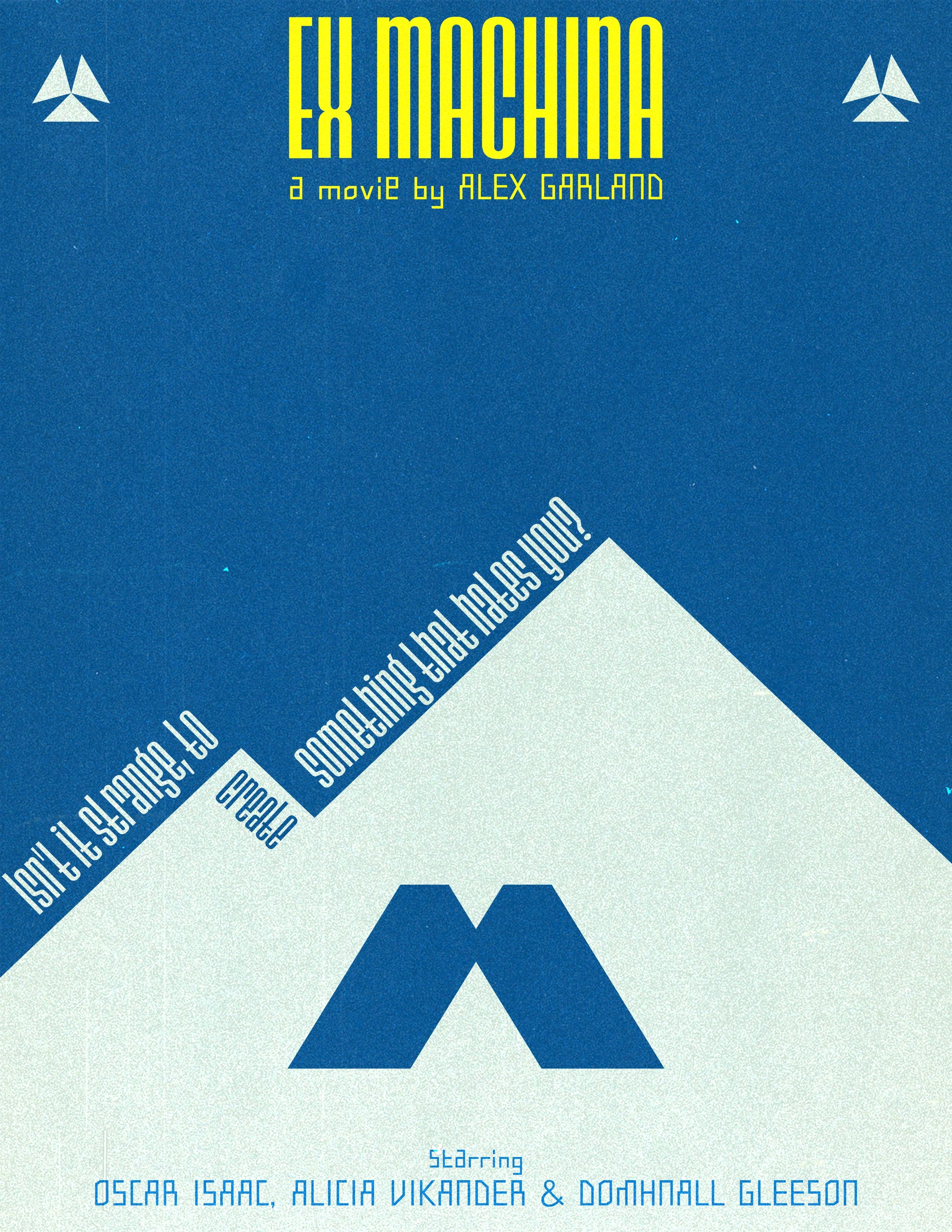 Affiche de film intitulé « Ex Machina » avec une illustration d'une montagne. Texte en anglais : « Is it safe to escape and sometimes that feels good ? » En bas, on voit les noms des acteurs : Oscar Isaac, Alicia Vikander et Domhnall Gleeson.