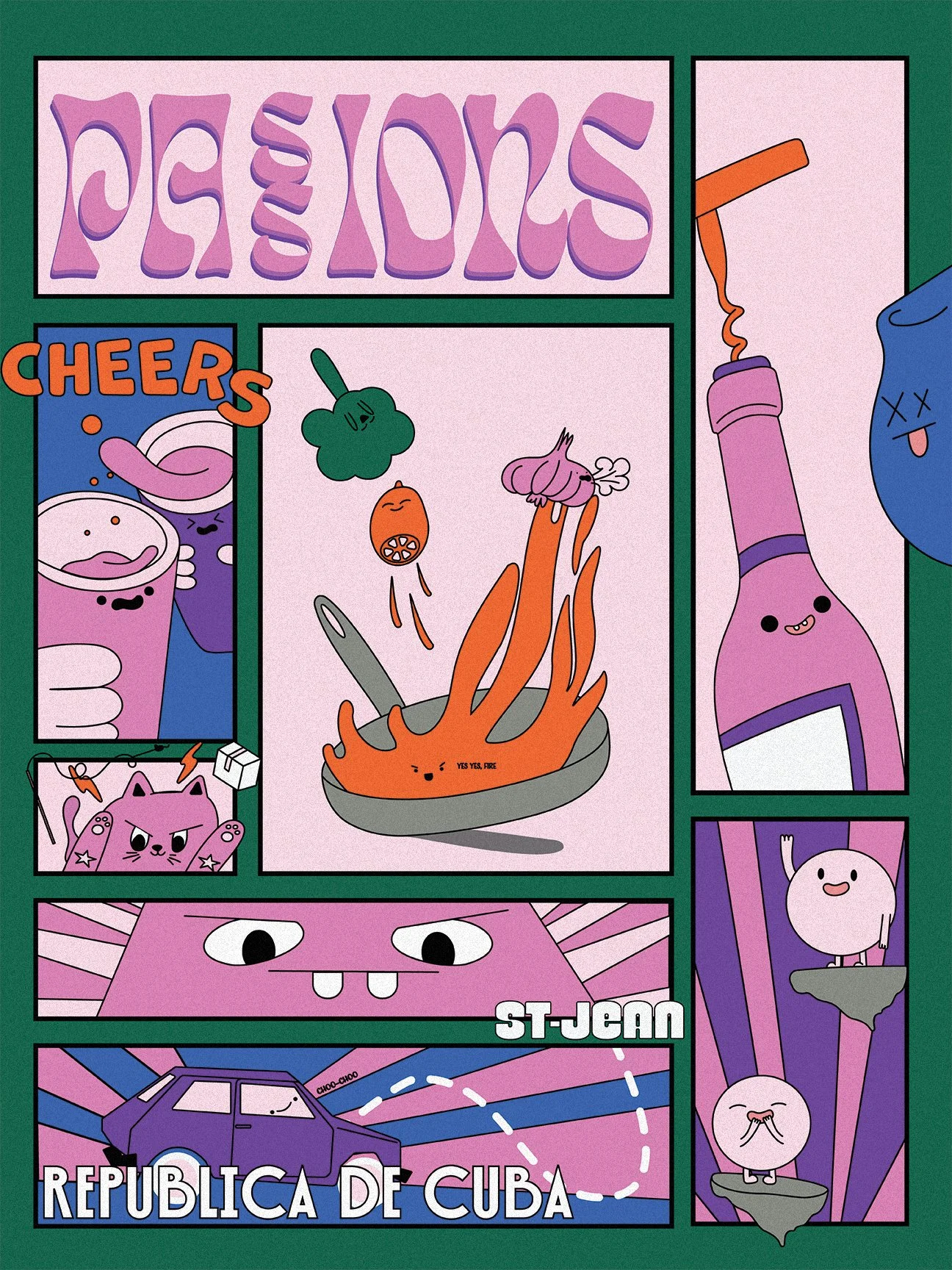 Illustration de style cartoon avec plusieurs personnages et objets colorés, dont des boissons, des légumes, un chat, une voiture, et des personnages fantasmiques, sur un fond vert et des panneaux colorés.