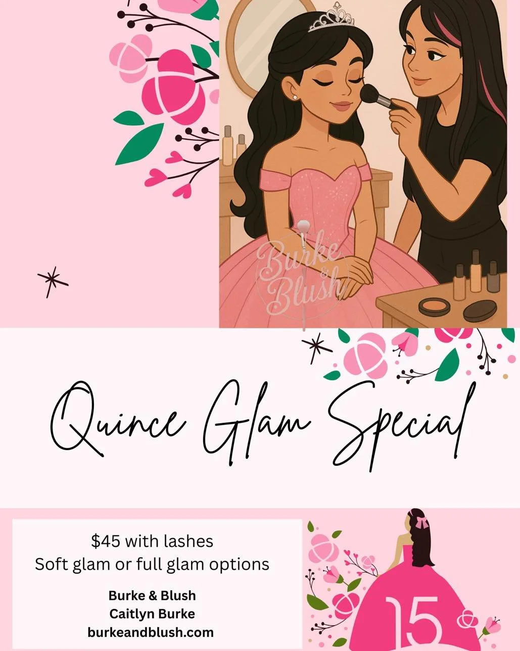 ✨ Quincea&ntilde;era Glam Special ✨

I&rsquo;m opening a limited discounted quincea&ntilde;era makeup session for anyone wanting a soft glam, full glow moment for their big day. This includes a flawless long lasting look, lashes, and the perfect glam