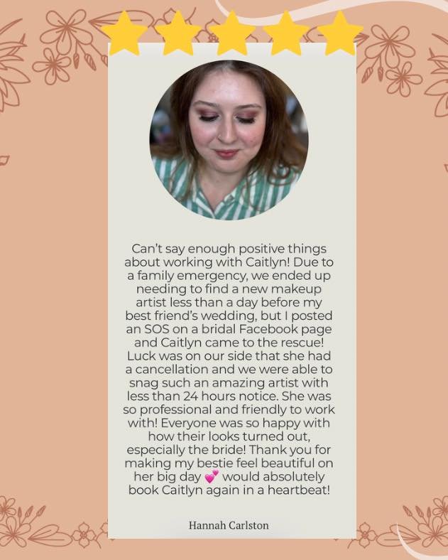 Last minute weddings still deserve flawless glam 🤍

This sweet review means everything to me. Stepping in with less than 24 hours notice and helping a bride feel beautiful on her big day is exactly why I love what I do.

Forever grateful for trustin