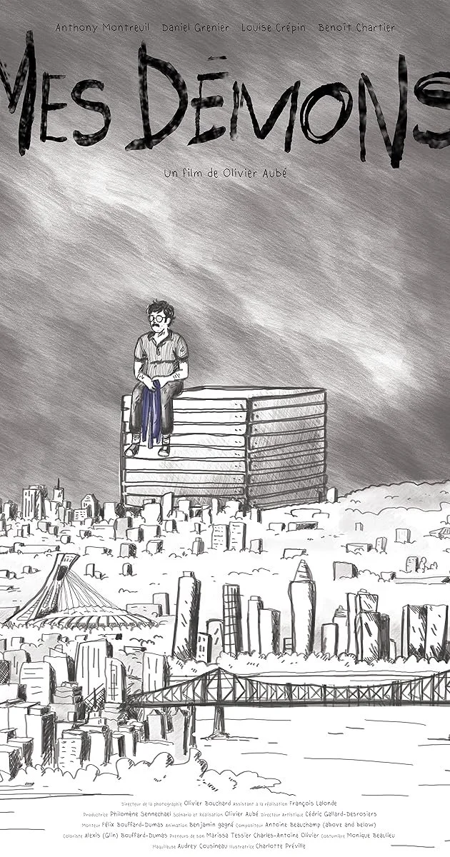 Affiche de film en noir et blanc intitulée "Mes Démons", avec un dessin d'un homme assis sur un bâtiment dans une ville