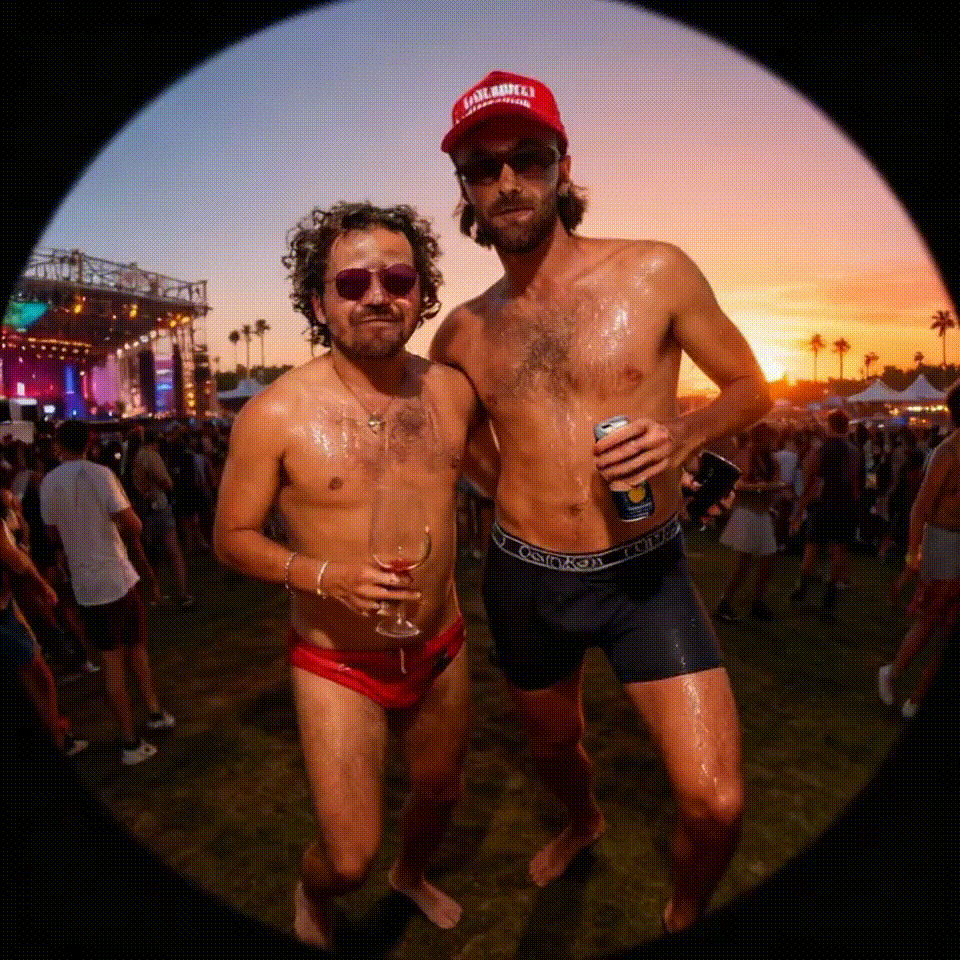 Two shirtless men with sunglasses holding drinks at an outdoor event during sunset.