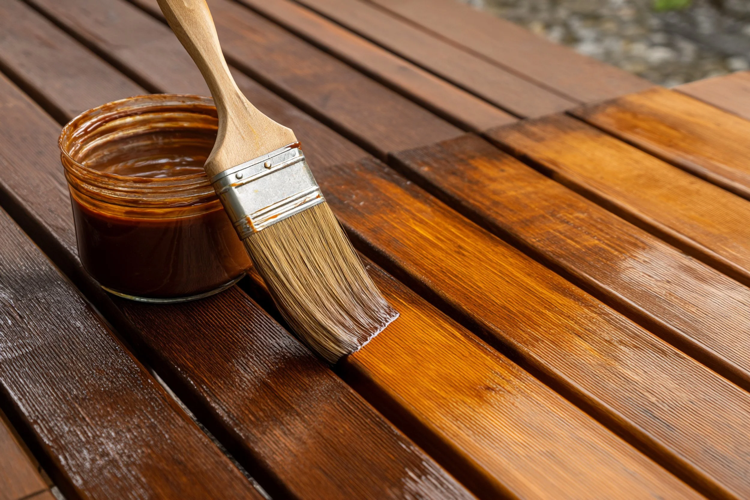A paintbrush resting on an open jar of wood stain on a wooden surface.