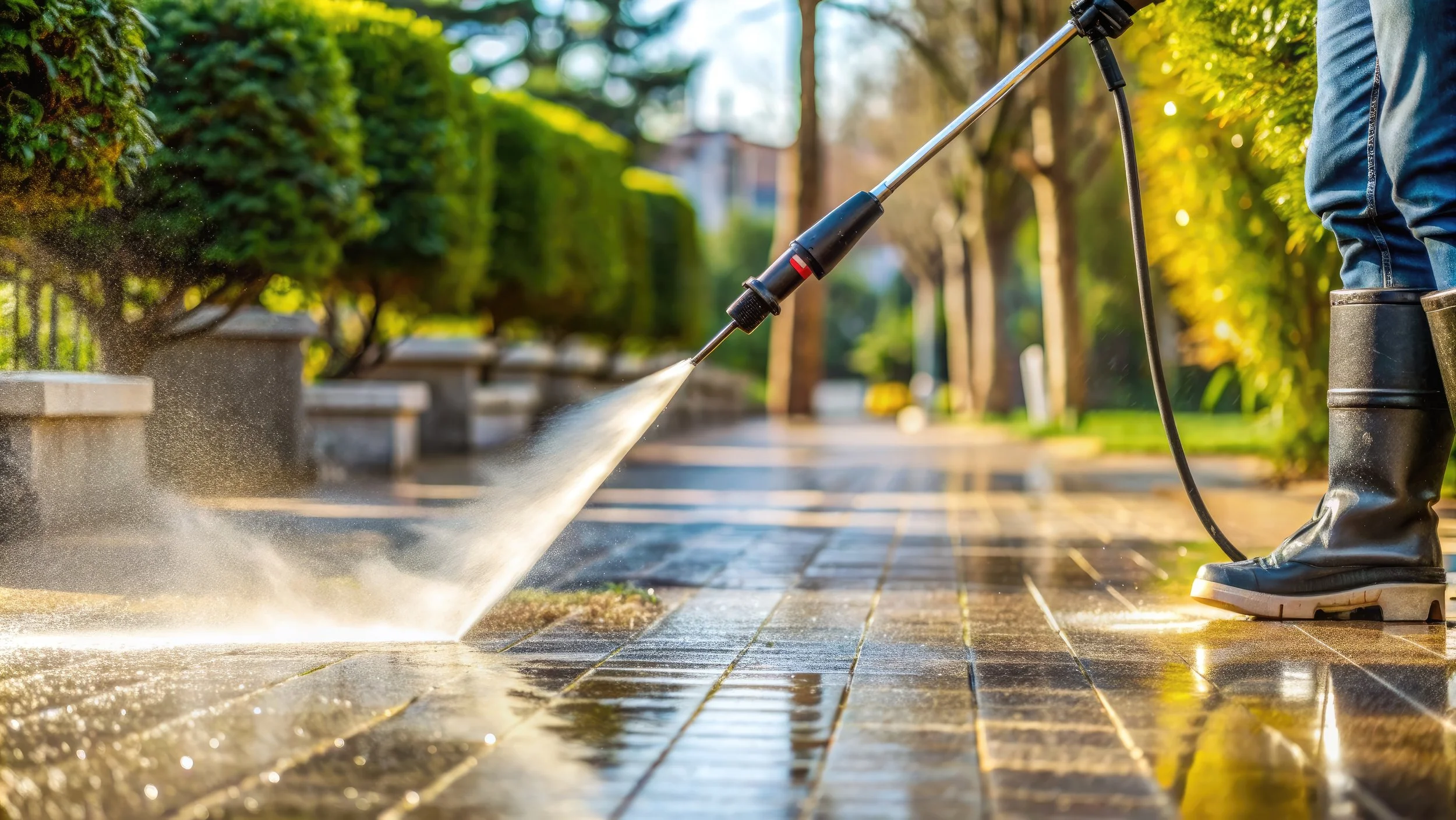 Person pressure washing a paved walkway outdoors during daytime, wearing rubber boots and jeans, with green bushes and trees in the background.