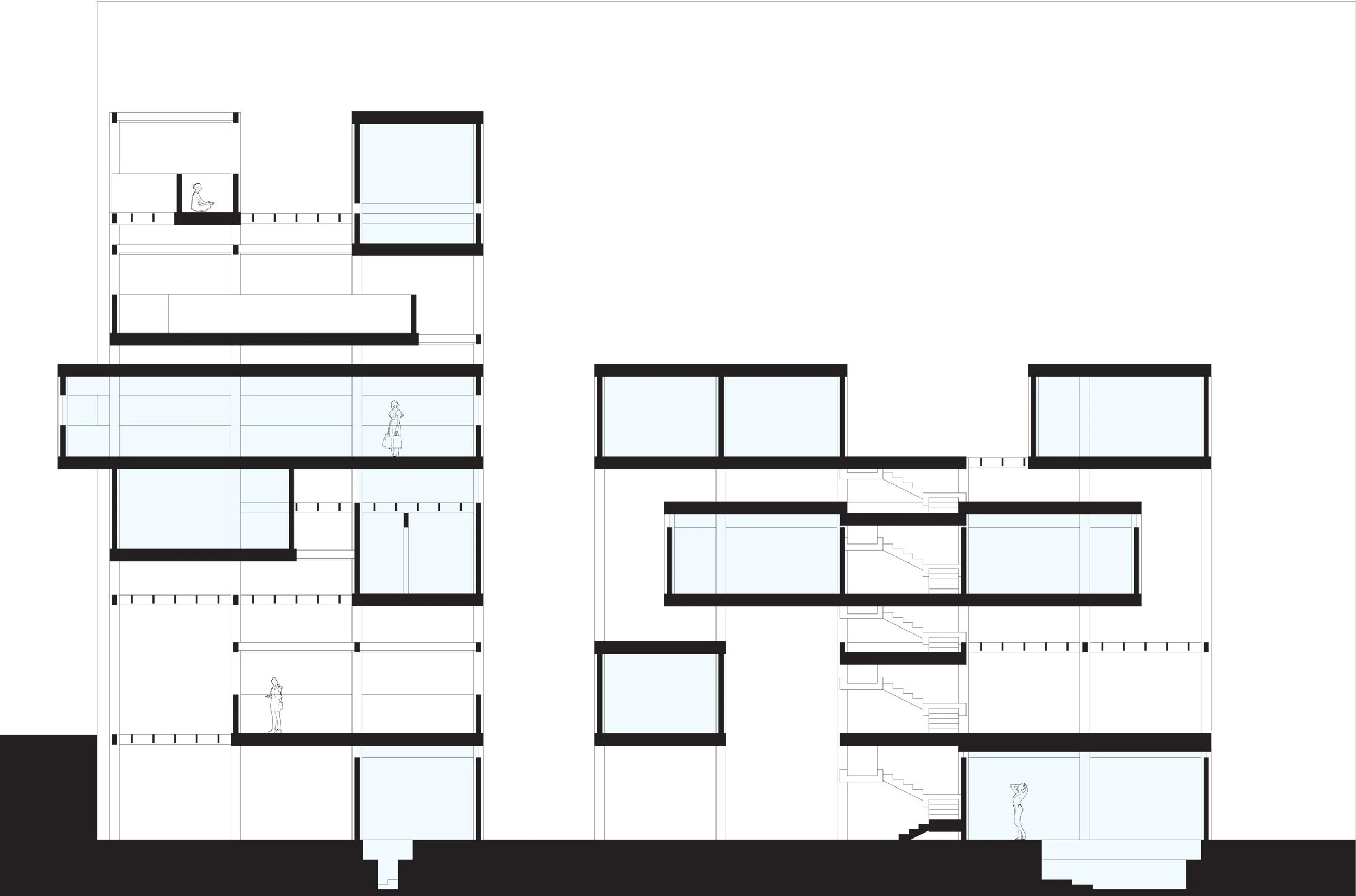 Longitudinal Section with interior spaces highlighted
