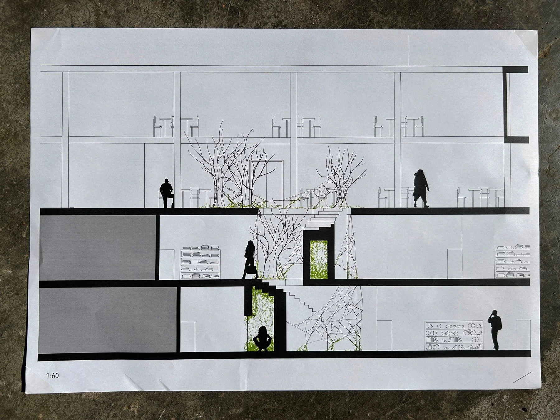 Digitally drawn elements represent manufactured elements, while the hand drawings are the wild elements.