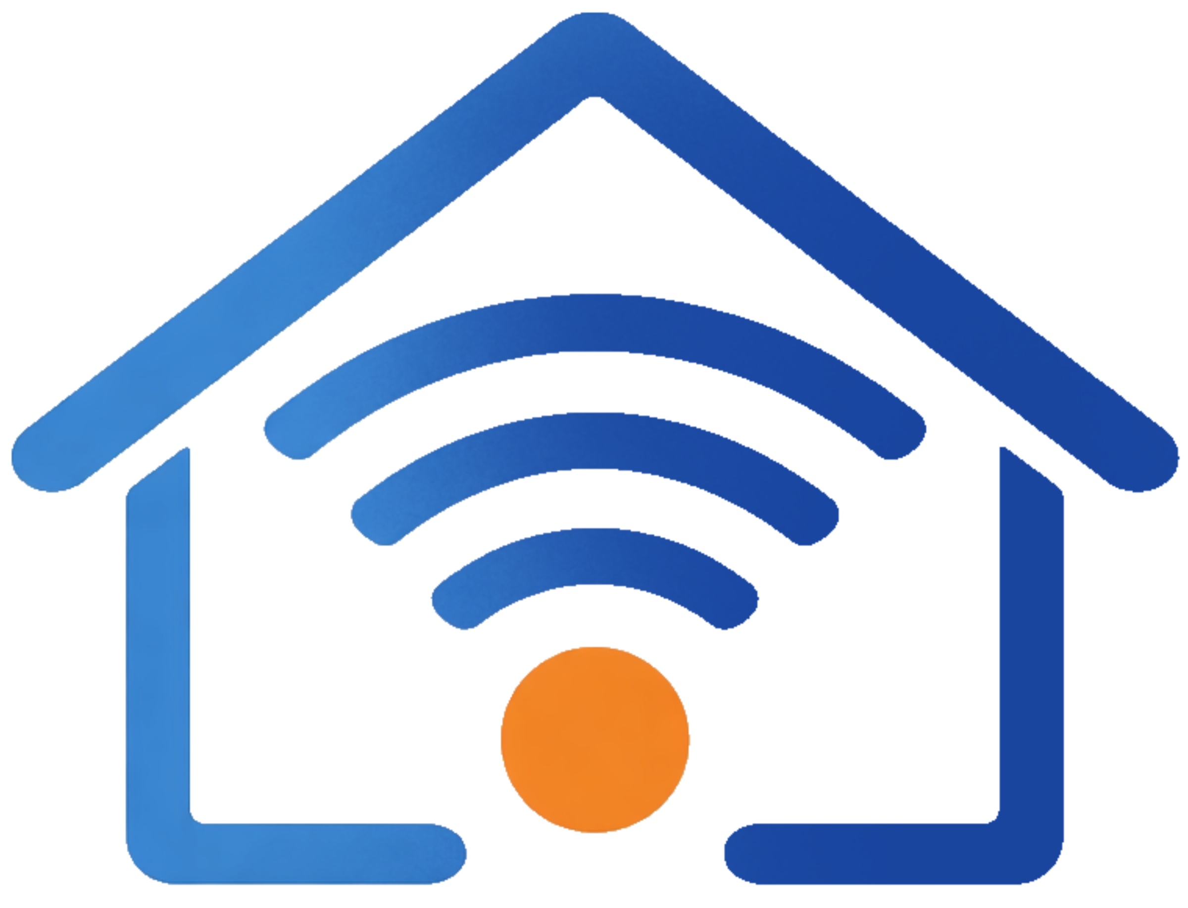 A stylized blue house icon with Wi-Fi signal lines inside and an orange circle at the bottom center.