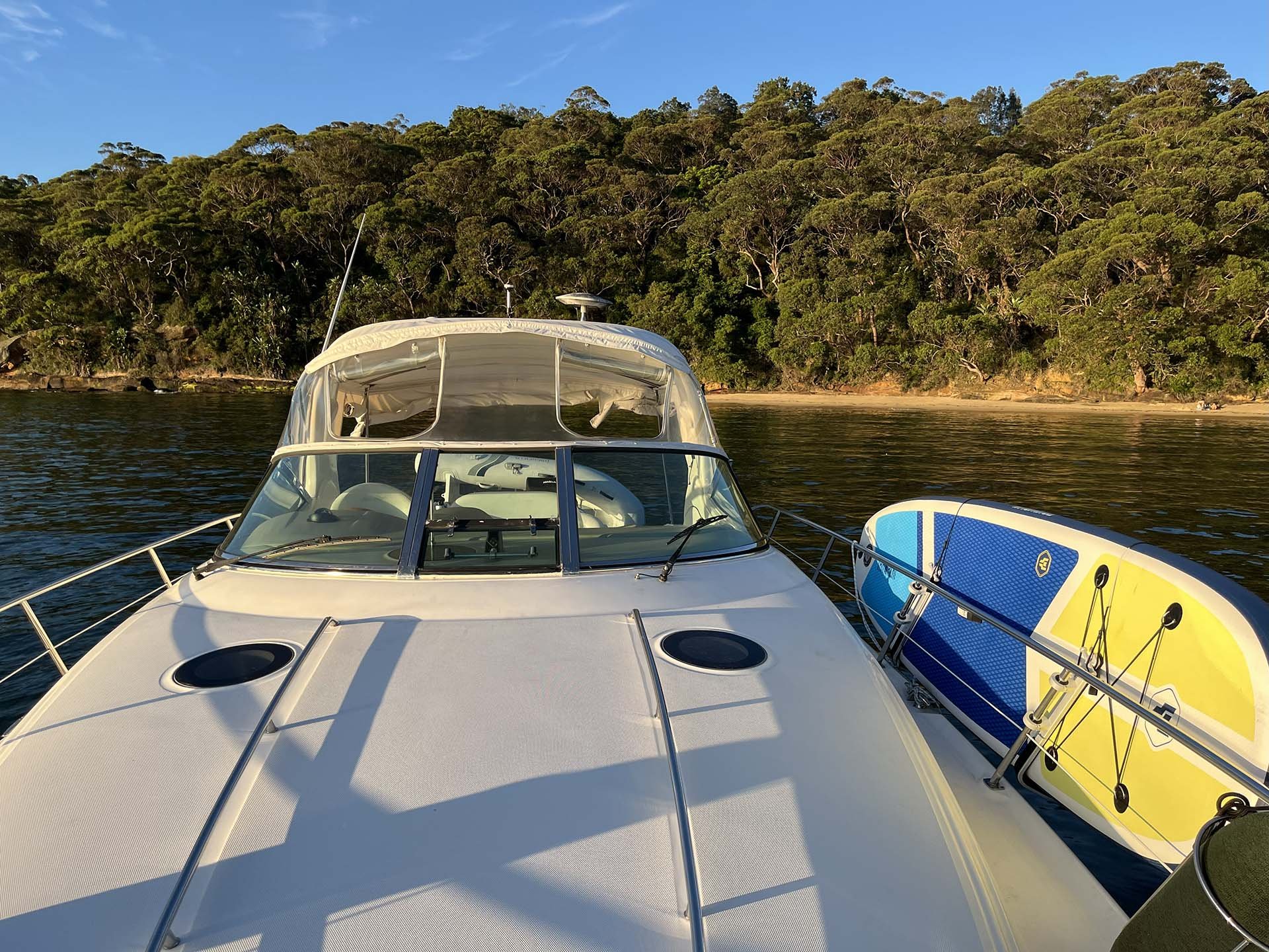 View from Opal looking toward the bow with a wakeboard attached to the side, calm water, and a lush green forested shoreline under a clear blue sky.