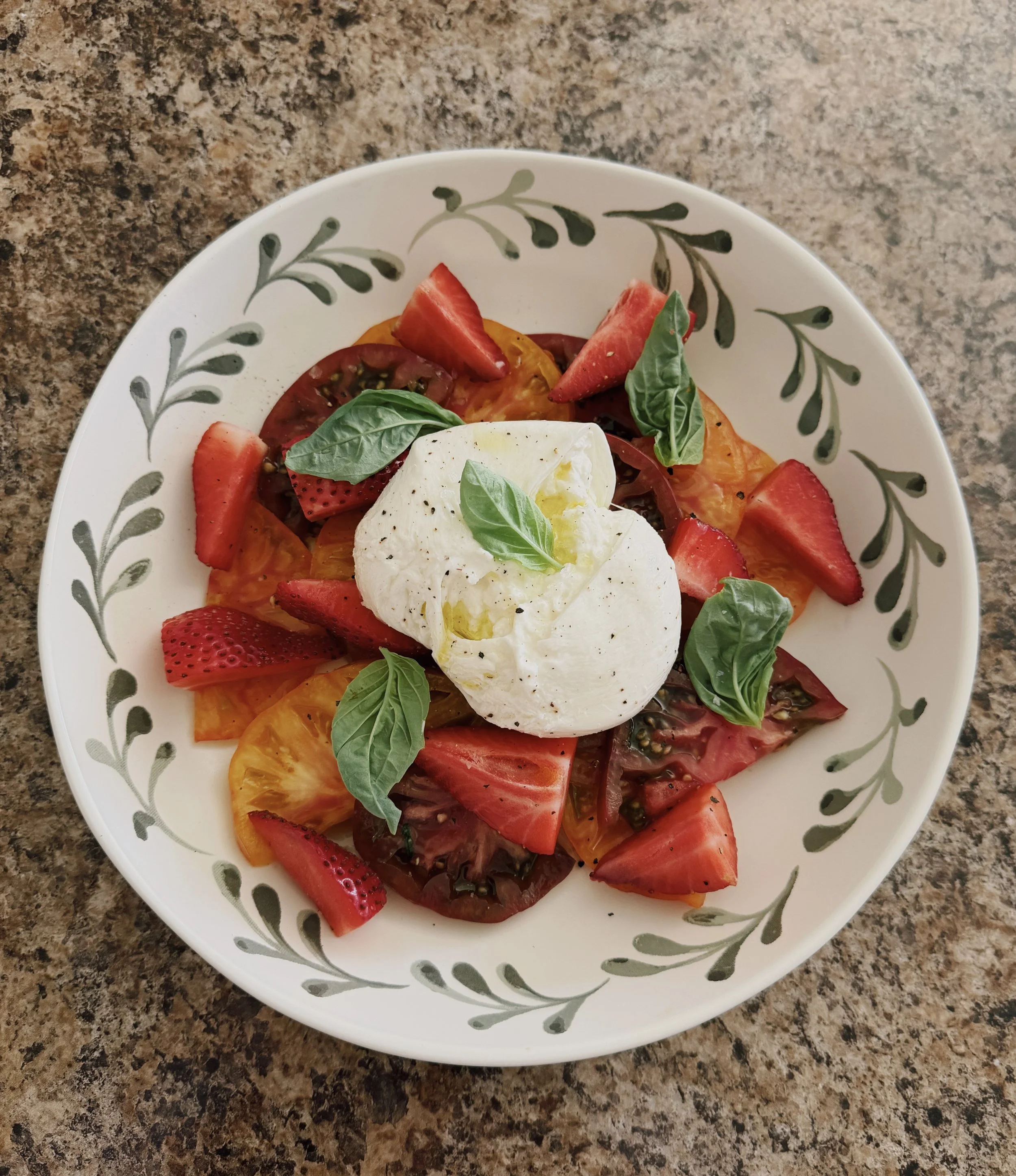 Strawberry Tomato Salad with fresh Basil and Burrata