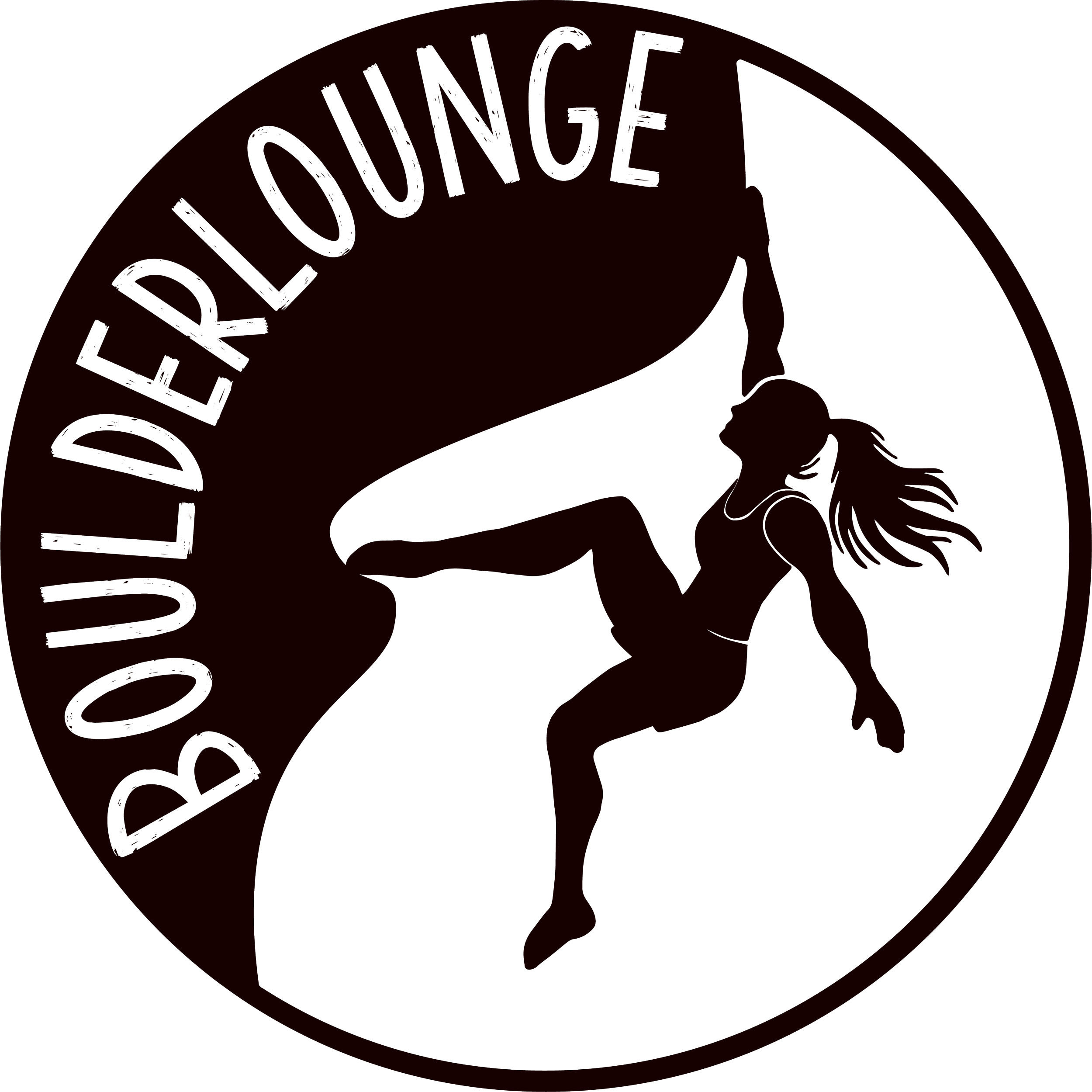 A logo with a silhouette of a woman rock climbing and the words "Boulderlounge" around the top in a circular shape.